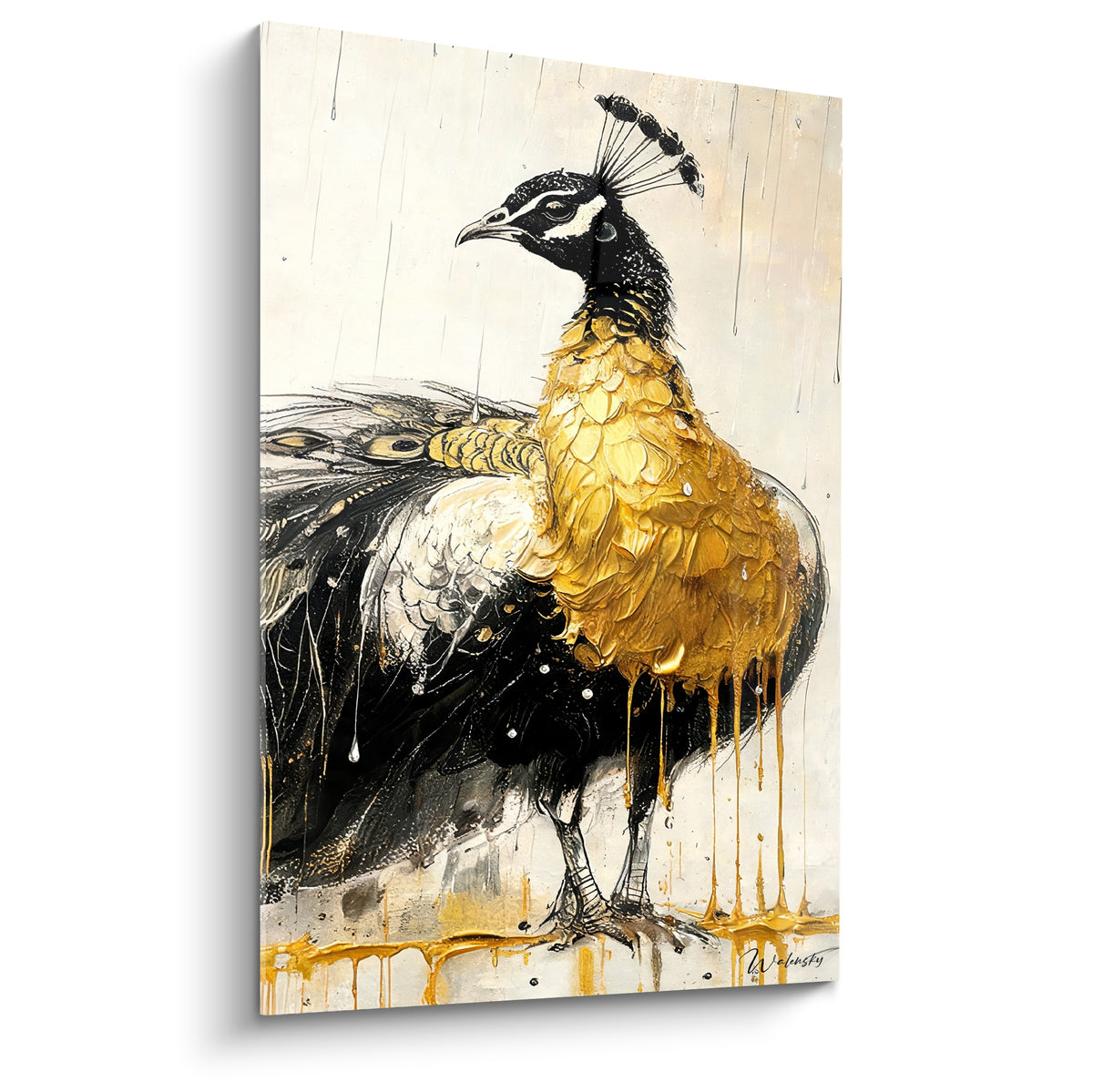 Paon doré et noir au plumage ruisselant, crête déployée, style pictural expressif sur fond ivoire