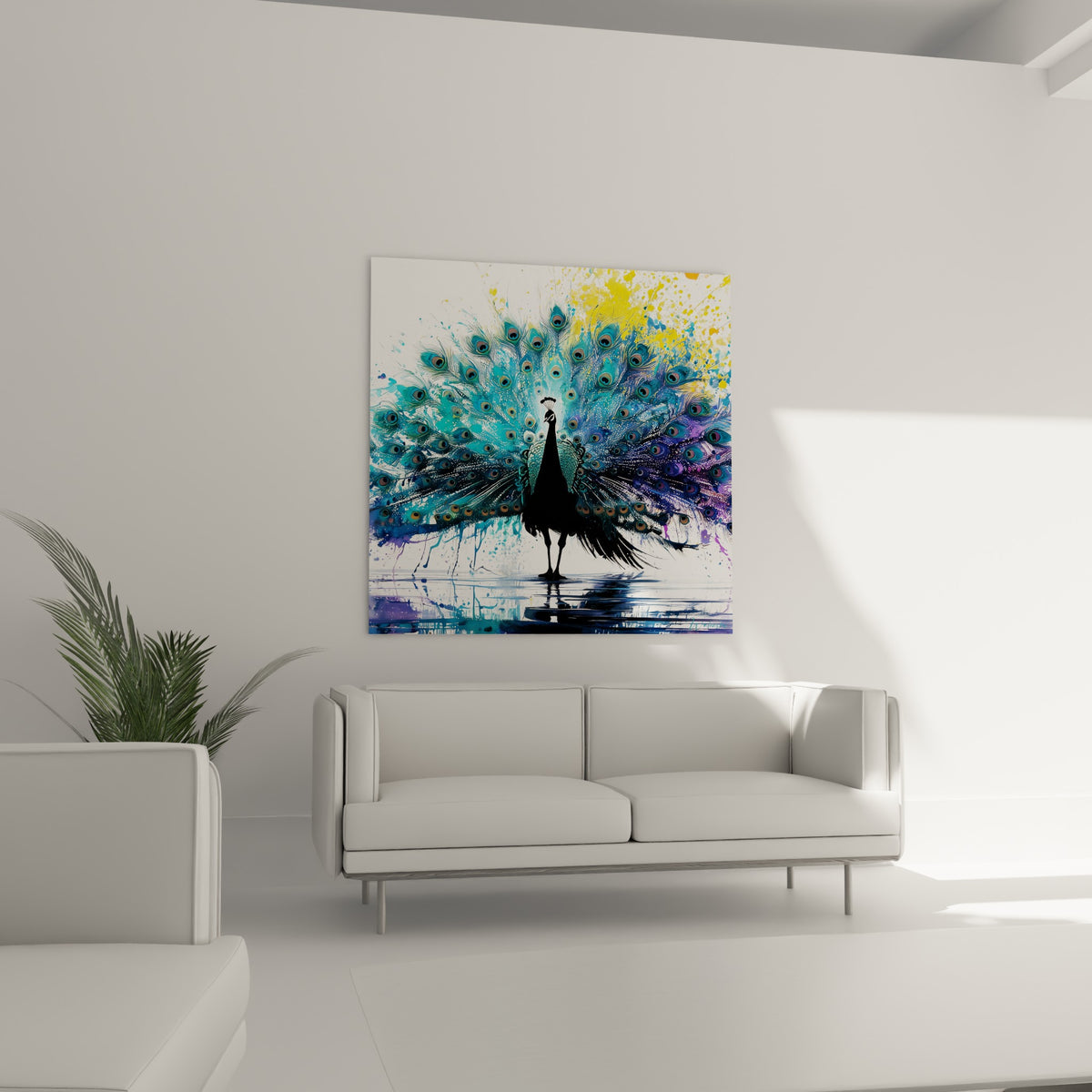 Oiseau fier aux teintes bleu turquoise et violettes disposé au-dessus d'un canapé dans un salon lumineux
