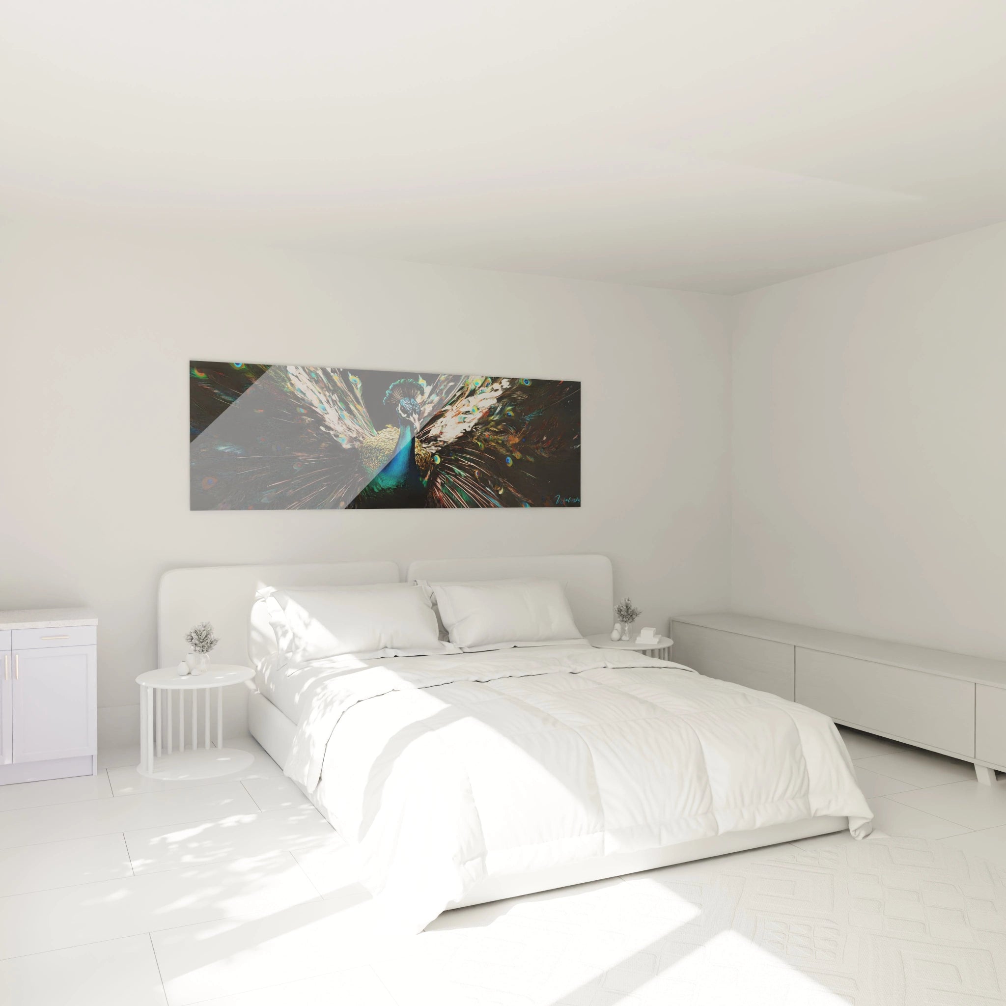 Tableau paon Walensky avec plumes colorées décorant une chambre moderne minimaliste