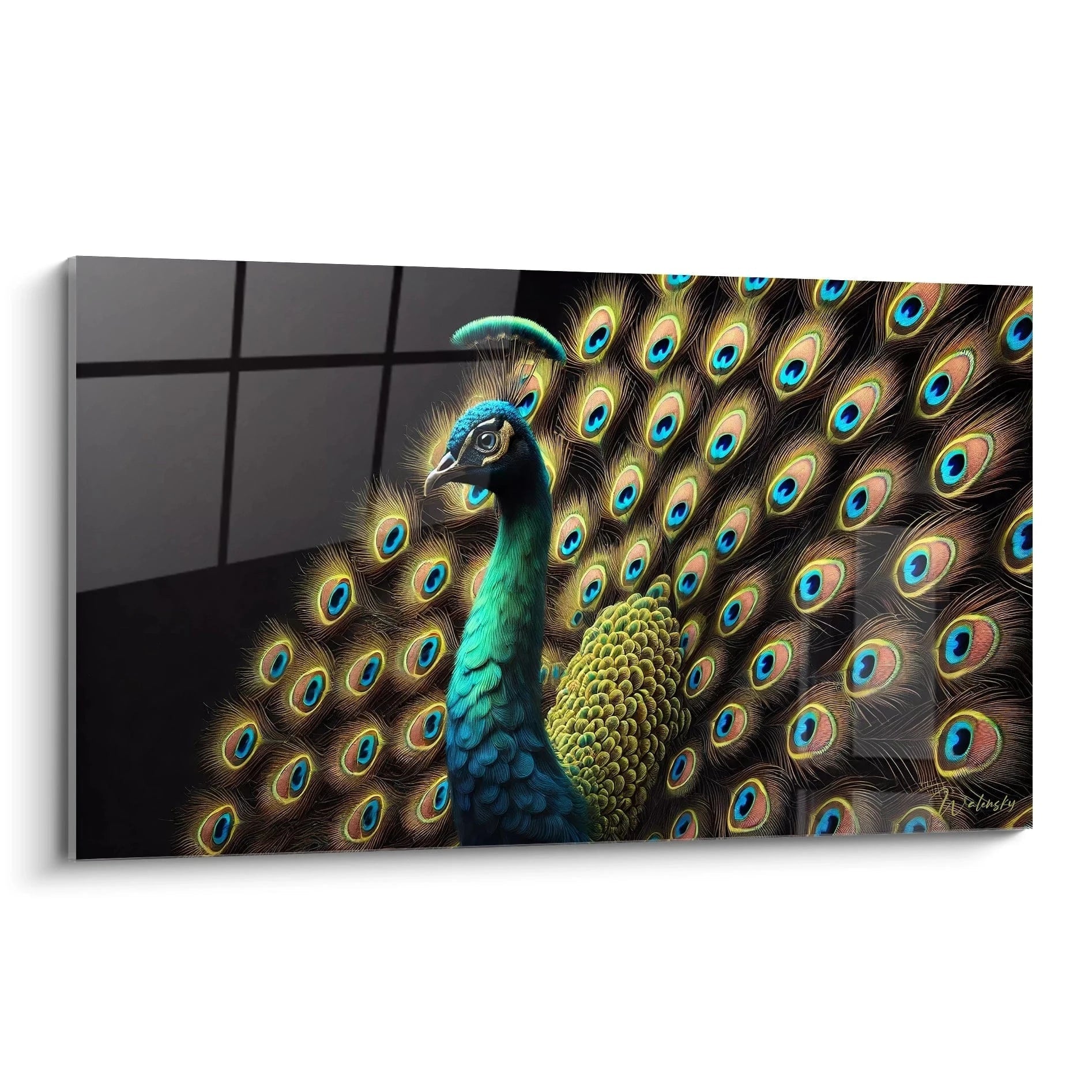 Admirez ce tableau paon en perspective. Les plumes vibrantes et le fond sombre créent un contraste saisissant, parfait pour une décoration murale moderne et élégante.