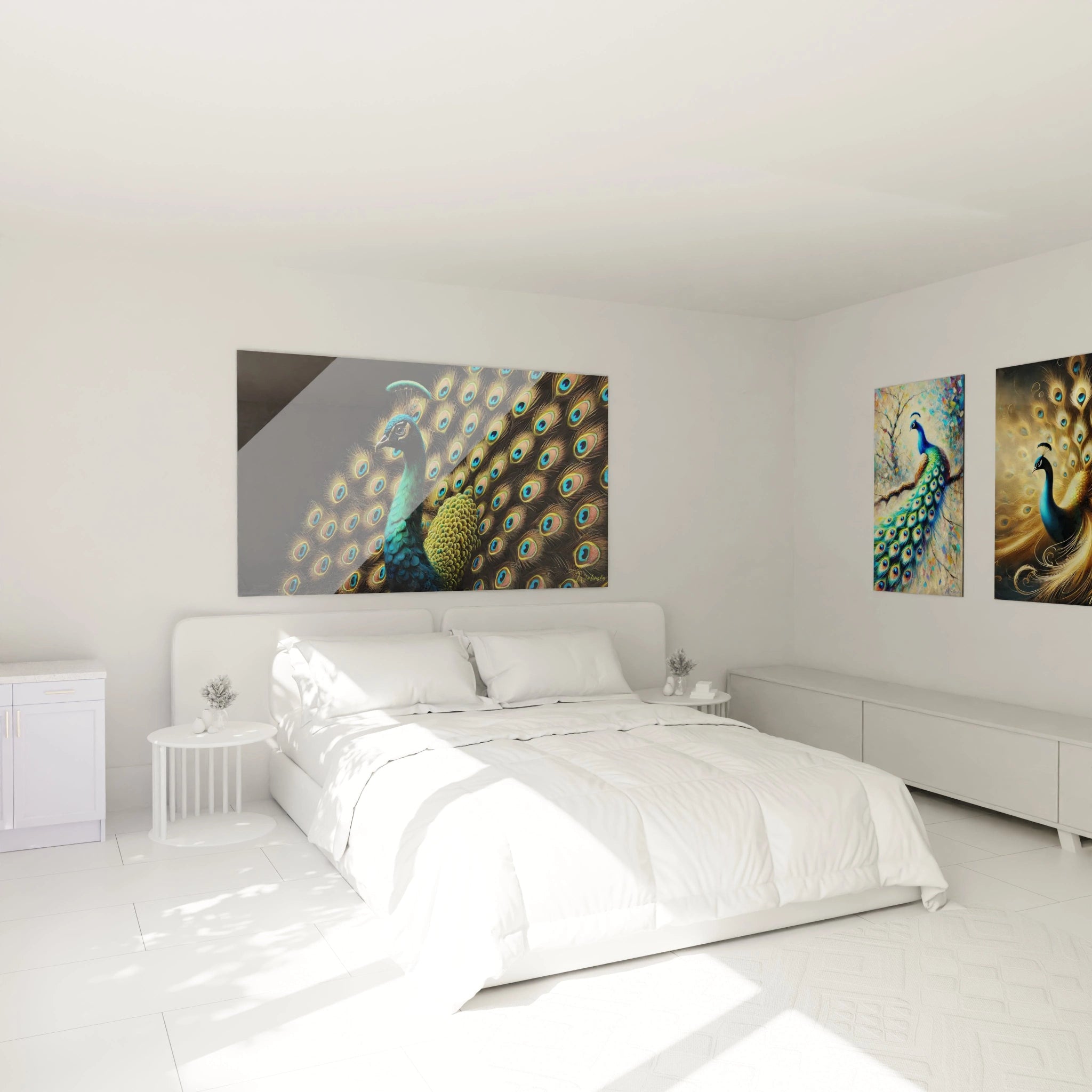 Ce tableau paon, accroché au-dessus du lit, ajoute une touche sophistiquée à votre chambre avec ses couleurs vibrantes et son fond noir qui met en valeur chaque détail du plumage.