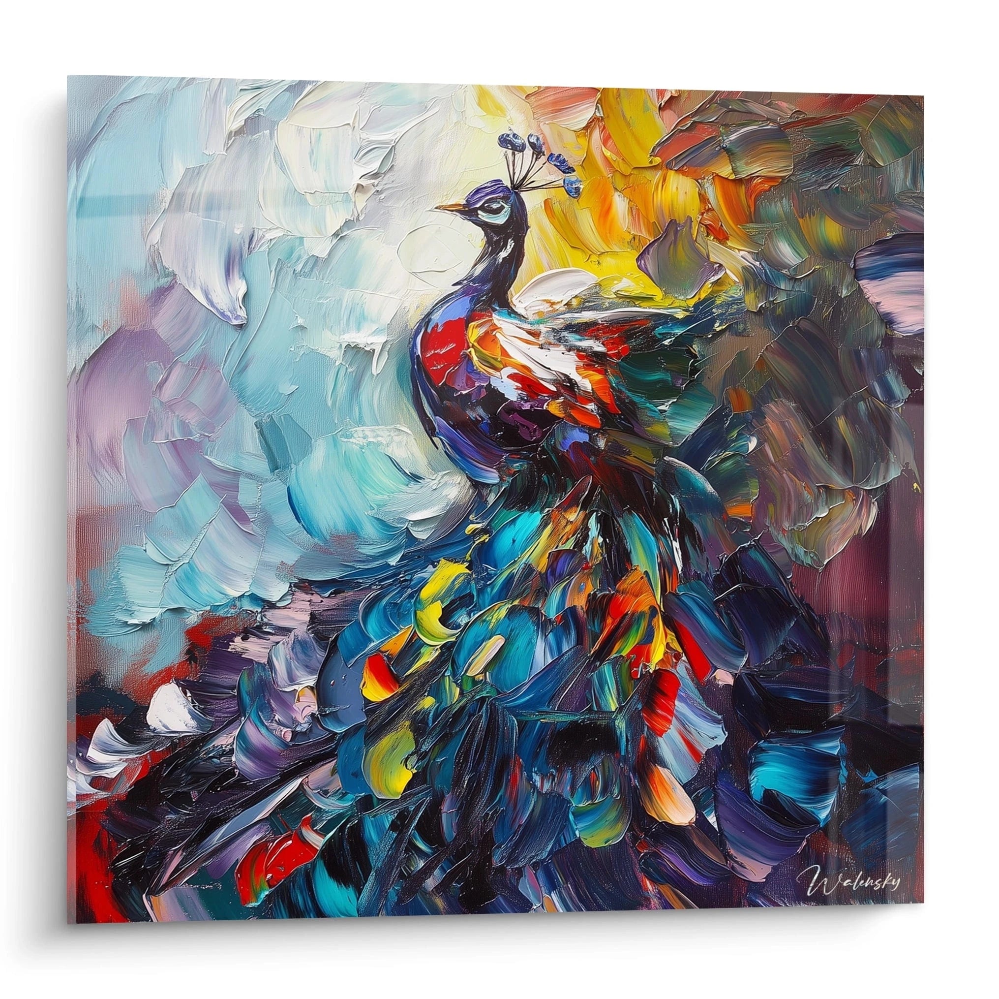 Tableau paon coloré par Walensky avec textures épaisses et palette vibrante bleu rouge jaune