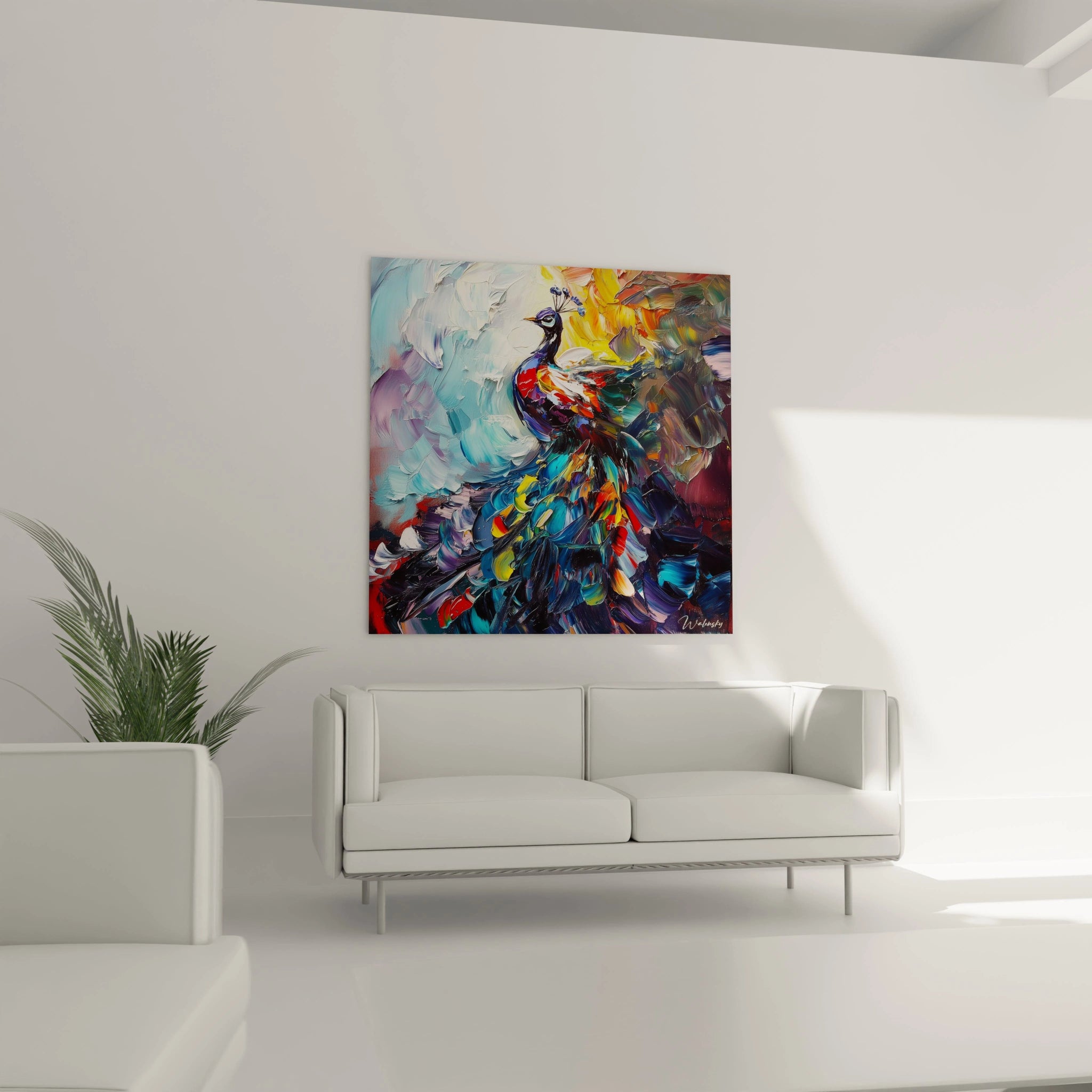 Tableau paon coloré de Walensky accroché au-dessus d'un canapé blanc dans un salon moderne