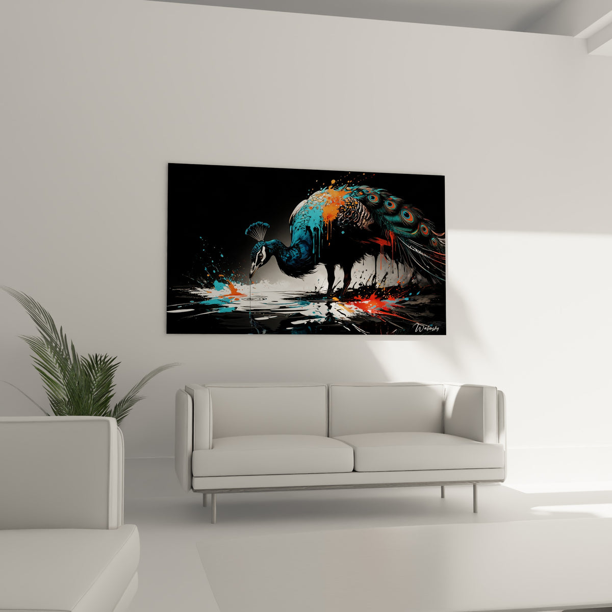 Paon noir aux motifs orange vif buvant dans une flaque, au-dessus d'un canapé dans un salon lumineux
