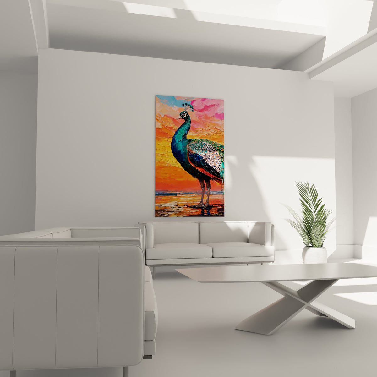 Paon élégant aux teintes orange et turquoise, disposé au-dessus d'un canapé dans un salon lumineux