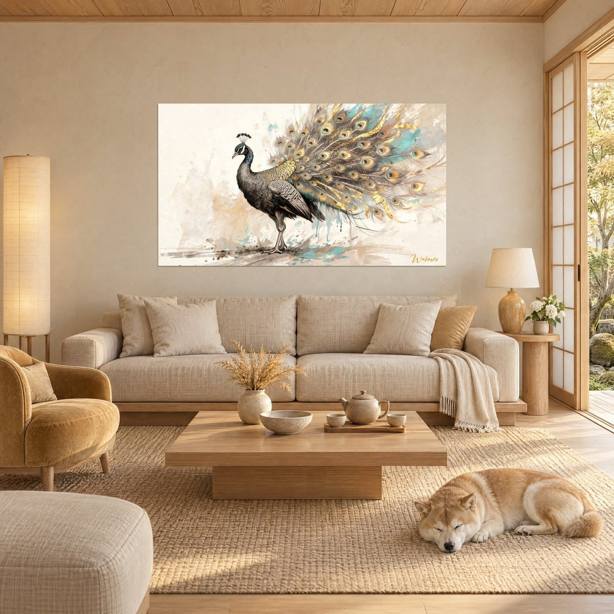 Tableau paon fier au plumage doré et turquoise, ocelles éclatées sur fond crème, Shiba couché sous un canapé beige, au-dessus d'un canapé dans un salon lumineux