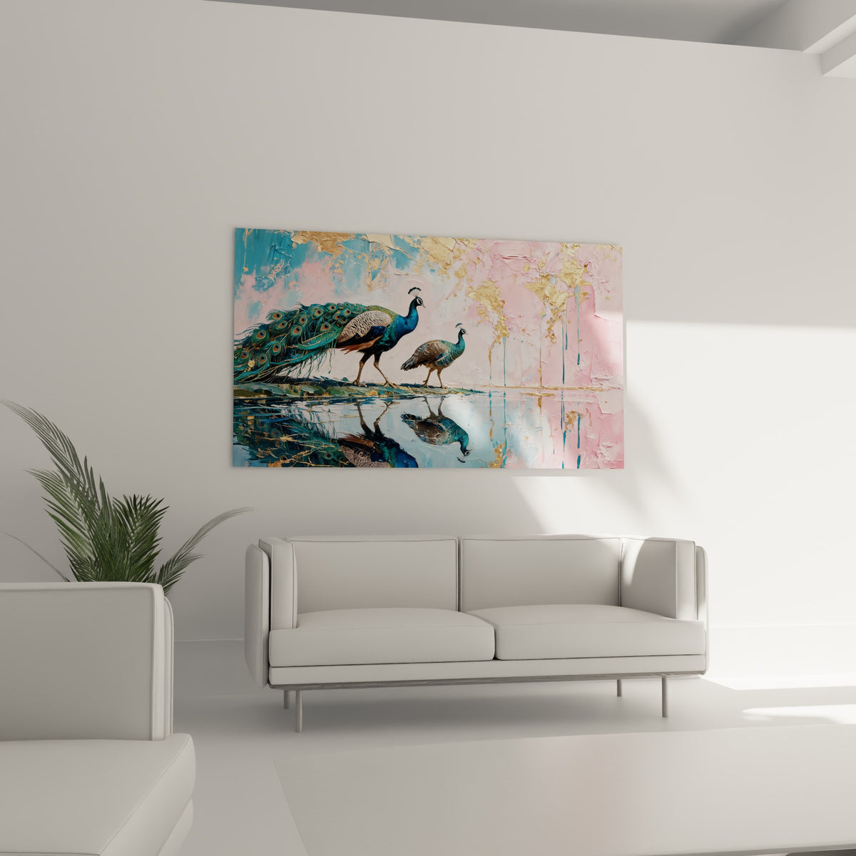 Volatiles élégants en bleu et rose pastel ornent le mur au-dessus d'un canapé dans un salon lumineux