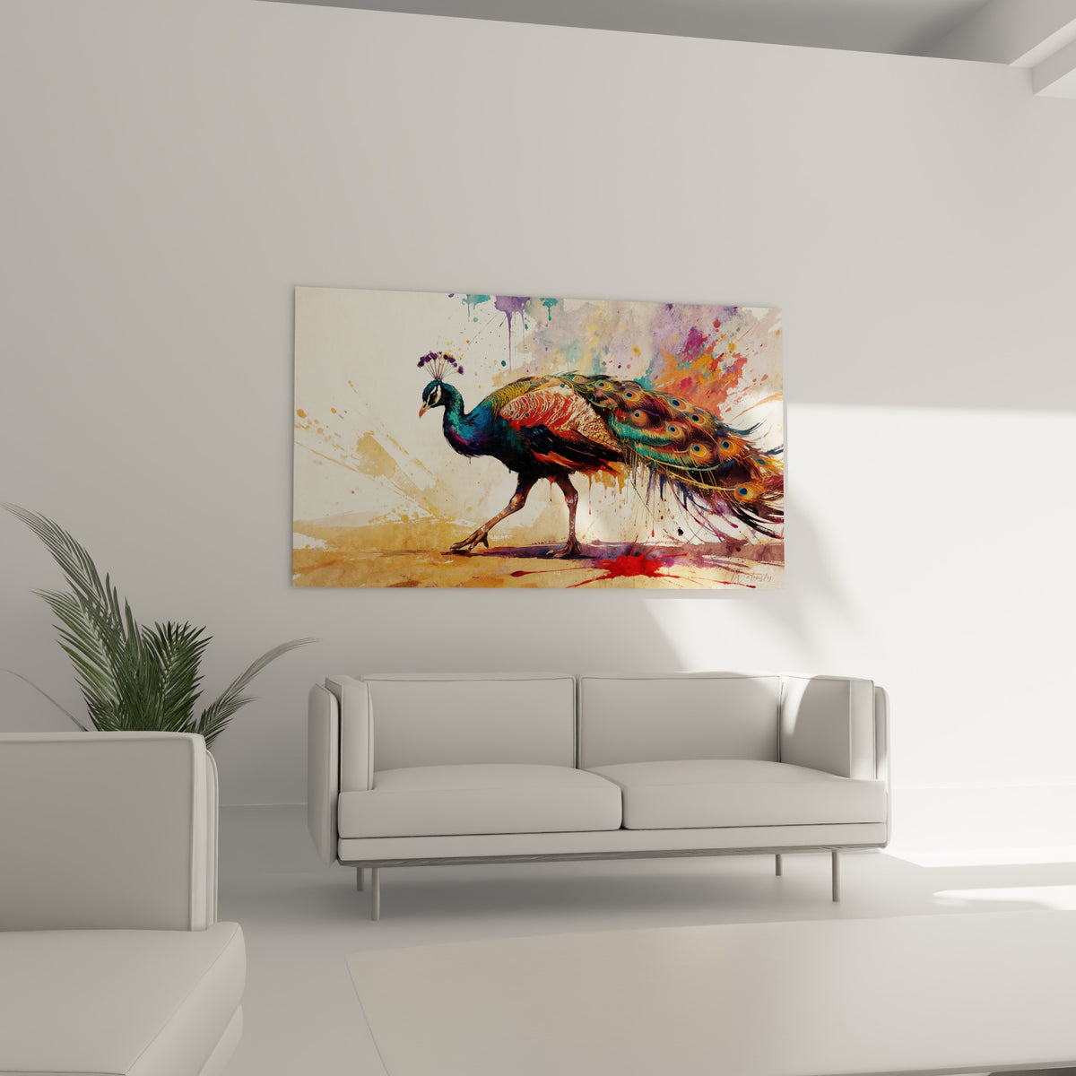 Plumage coloré du paon en bleu et violet, accroché au-dessus d'un canapé dans un salon lumineux