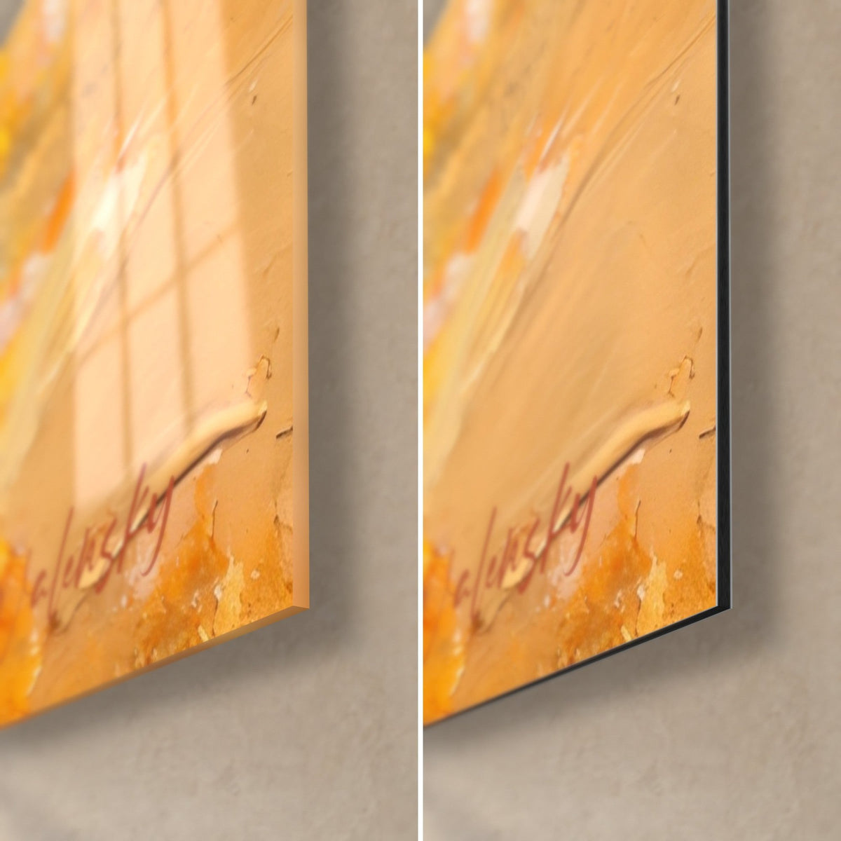 Gemälde eines Pfaus in Ölmalerei, untere rechte Ecke in Ocker und Orange, links glänzendes Acrylglas, rechts matte Dibond-Aluminiumplatte, schwarze Kante