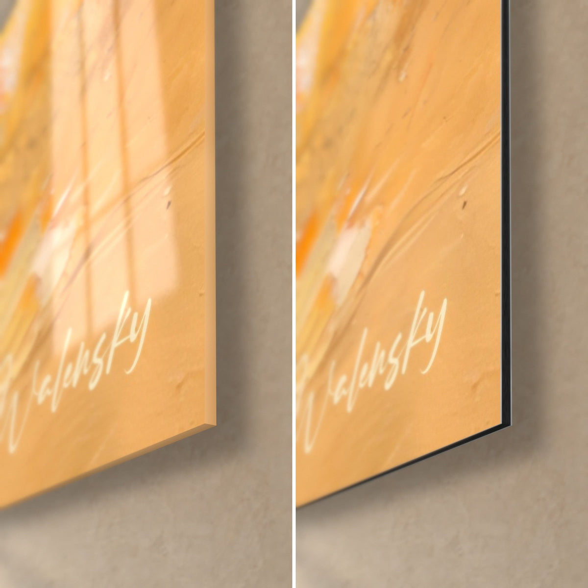 Tableau paon peint en pâte épaisse, coin bas droit : verre brillant à gauche, Dibond mat à droite, signature blanche sur jaune