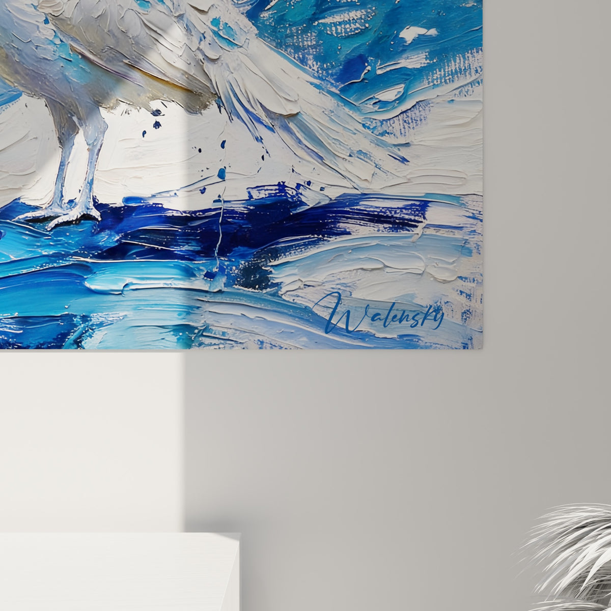 Matière picturale épaisse du plumage bleu turquoise et blanc crémeux, empâtements et reliefs visibles de près
