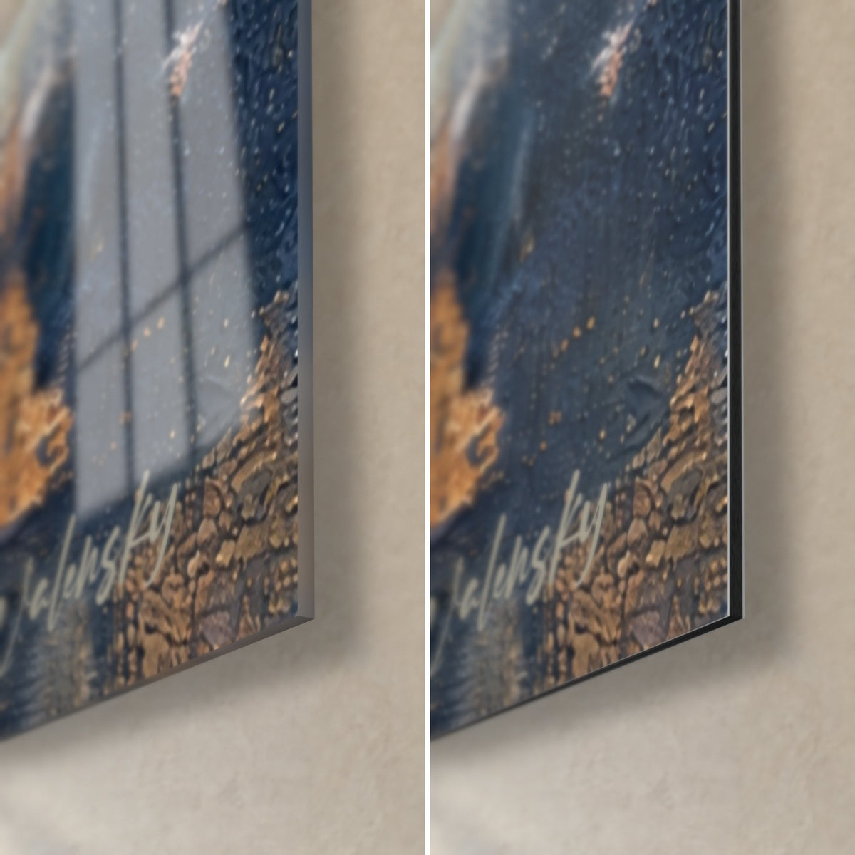 Gemälde Vogel in Marineblau, untere rechte Ecke: glänzendes Acrylglas links, mattes Dibond rechts, Kupferglanz und 3 mm Kante