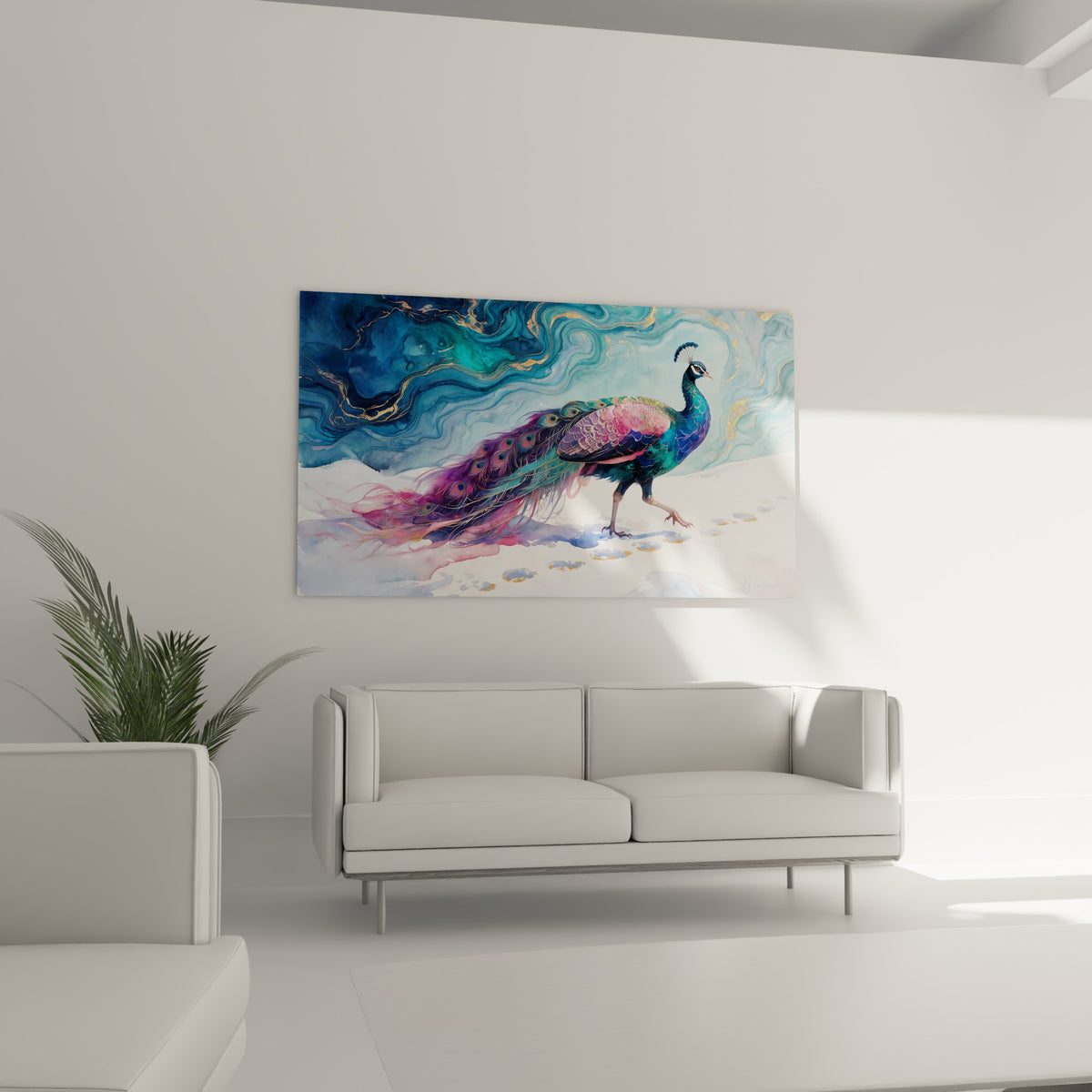 Paon élégant aux nuances pourpres et turquoise avançant sur la neige, au-dessus d'un canapé dans un salon lumineux