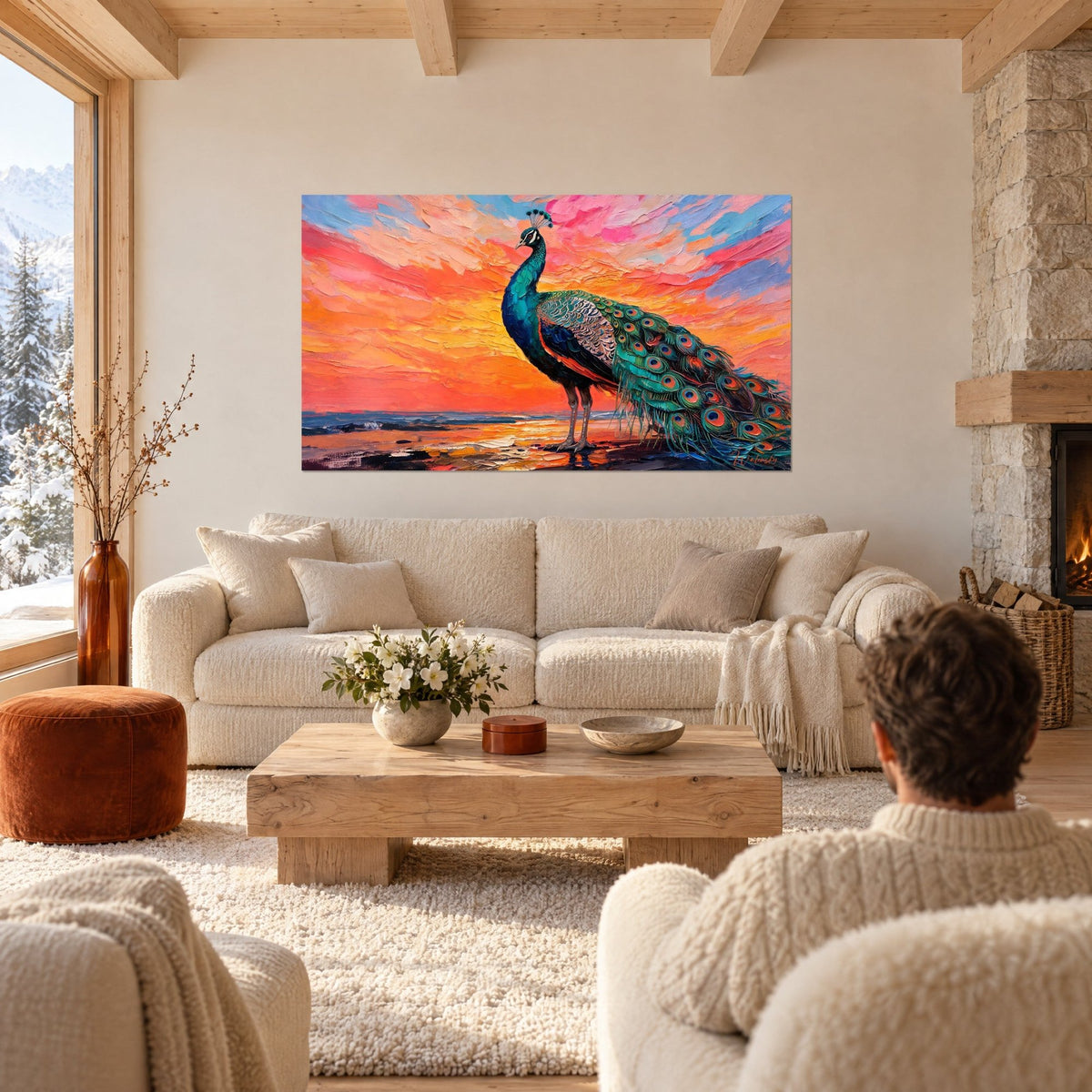 Tableau paon bleu aux plumes émeraude sur un ciel orange et rose en empâtements, au-dessus d'un canapé dans un salon lumineux