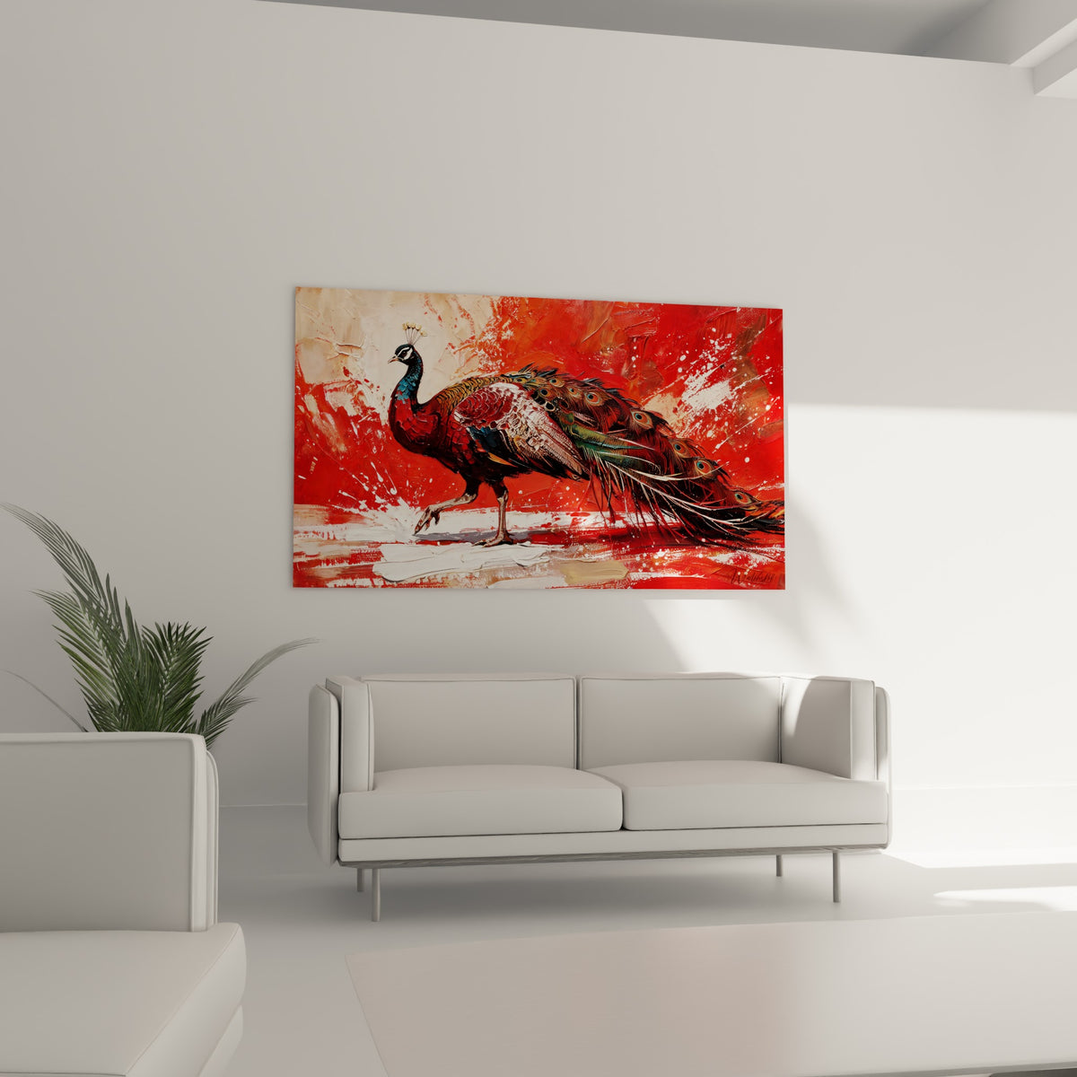 Oiseau flamboyant rouge et vert bronze en marche, au-dessus d'un canapé dans un salon lumineux