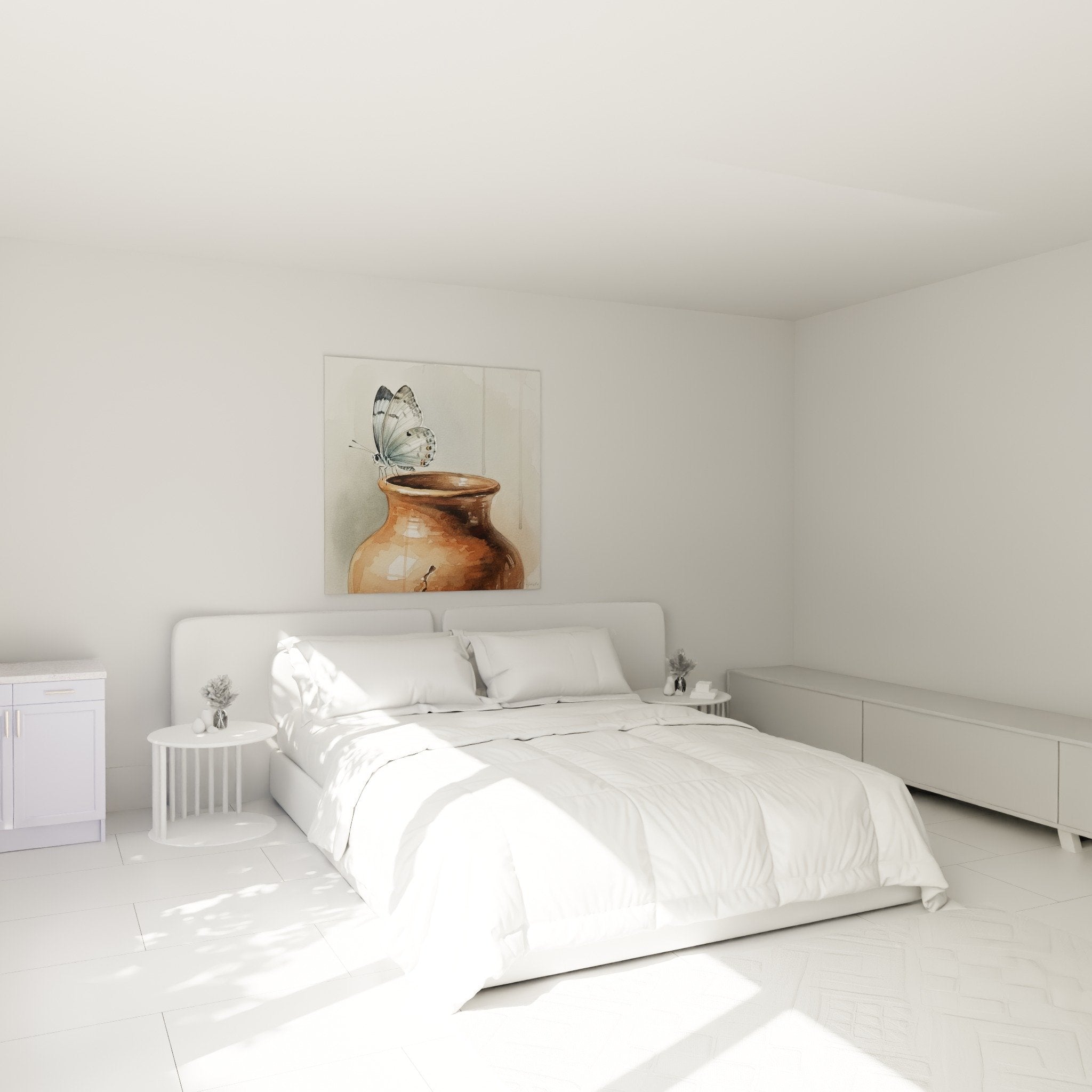 Tableau papillon bleu poterie terre cuite dans chambre decoration murale Japandi zen