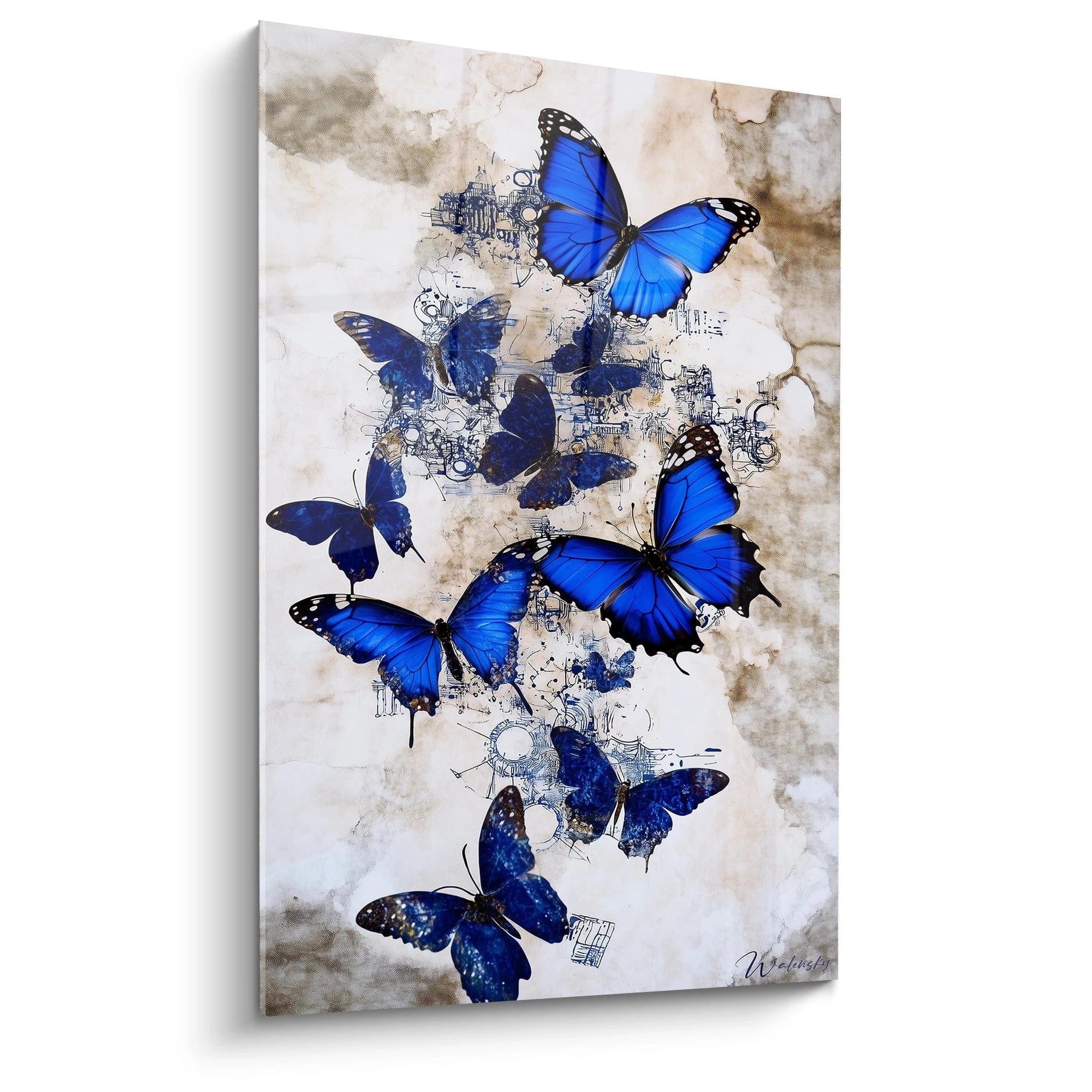 Tableau papillon Walensky avec papillons bleus vibrants sur fond abstrait beige et marron