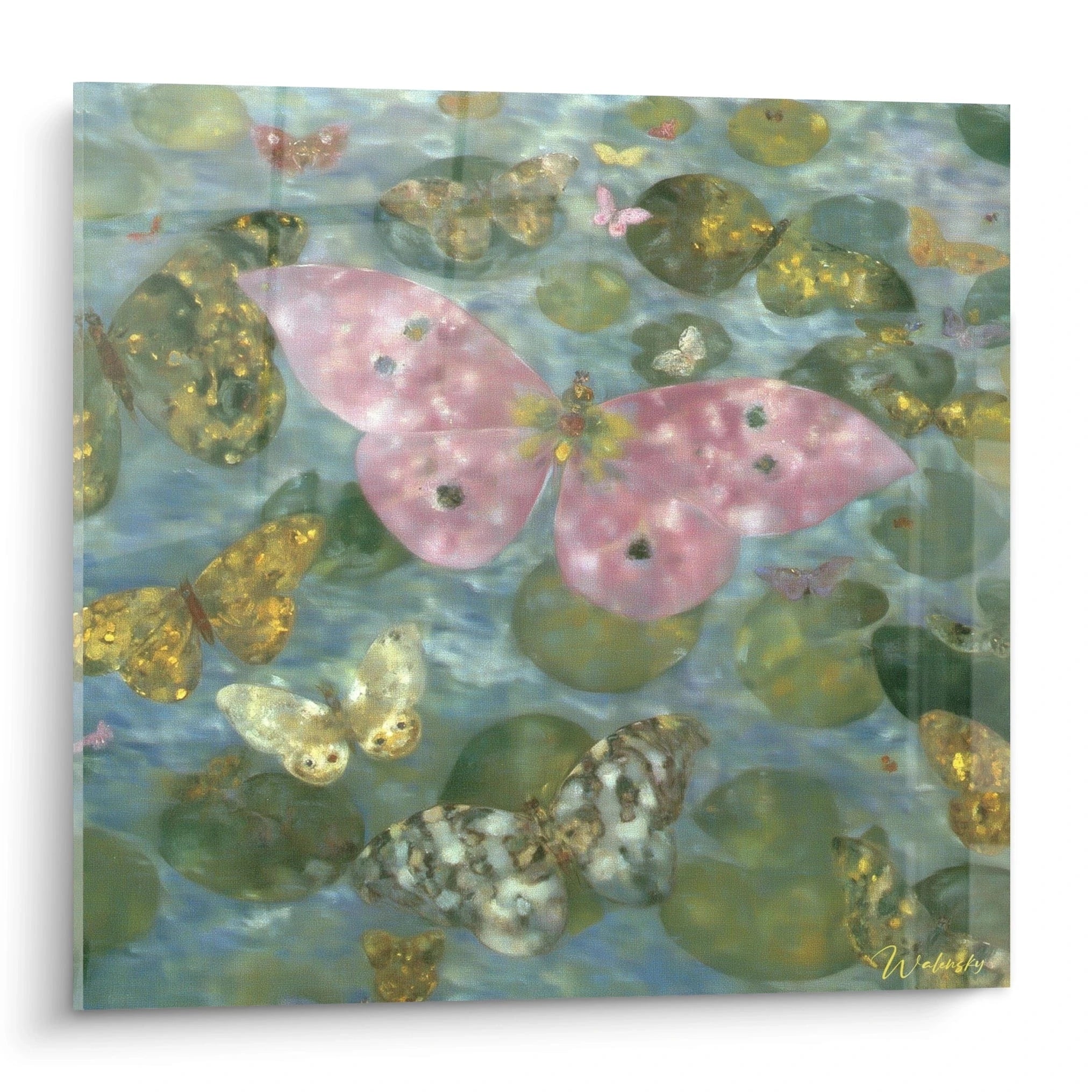 tableau papillon symboliste Walensky tableau mural décoratif papillon rose et doré sur fond aquatique