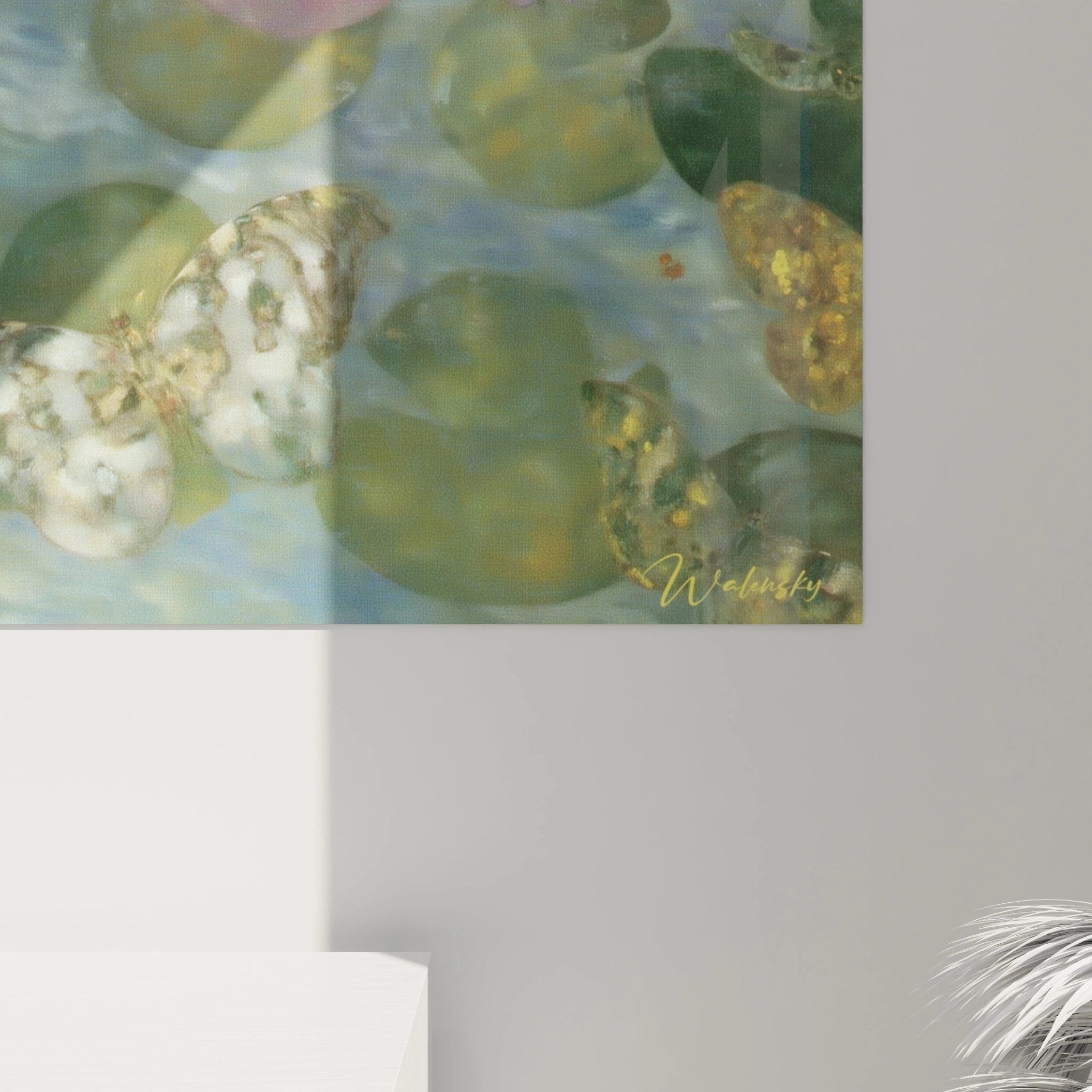 tableau papillon symboliste Walensky montrant papillons et nymphes aquatiques sur fond vert accroche au mur