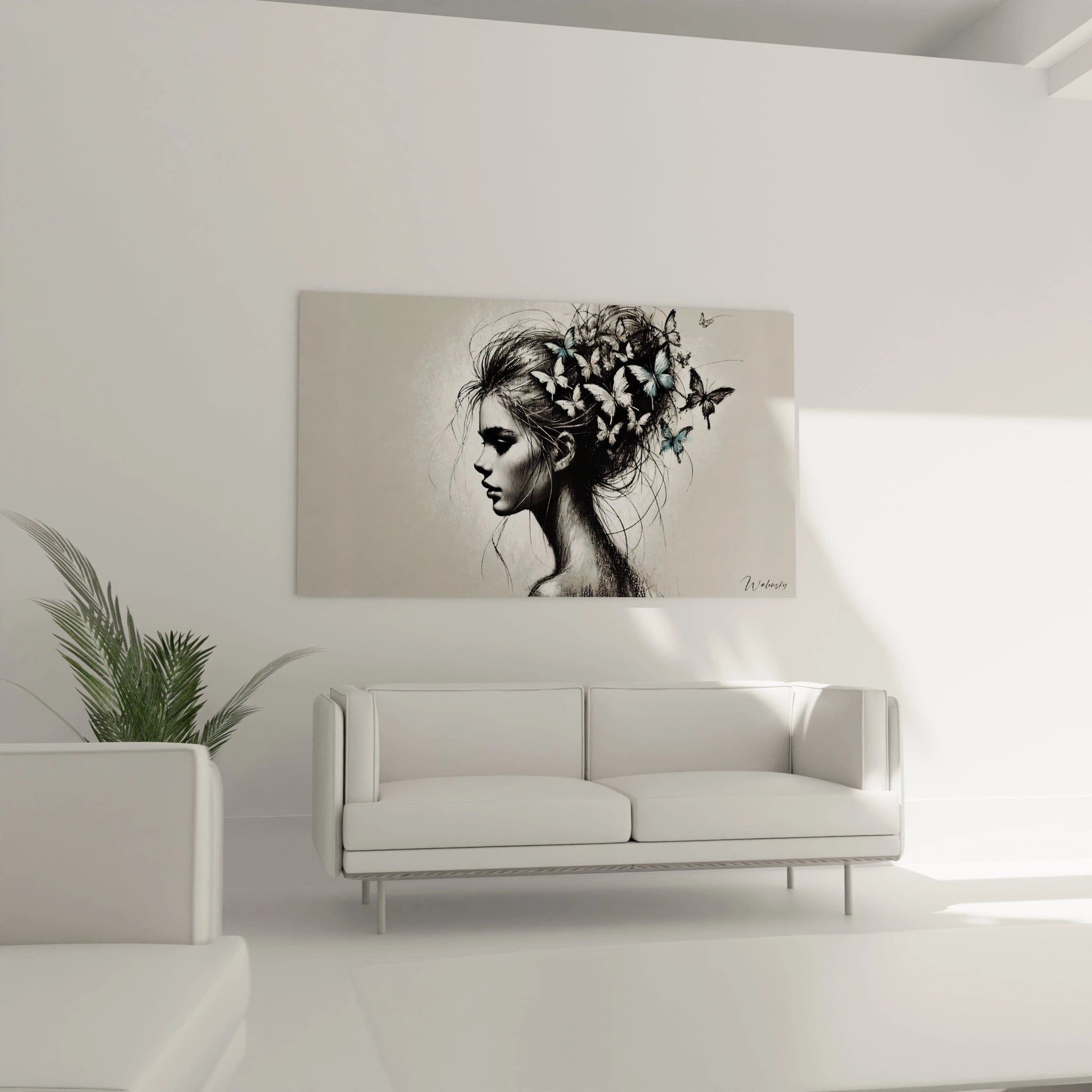 tableau papillon accroché au-dessus du canapé, apportant une touche artistique et apaisante au salon. Les nuances de gris et de bleu ajoutent du contraste, créant un espace harmonieux et serein.