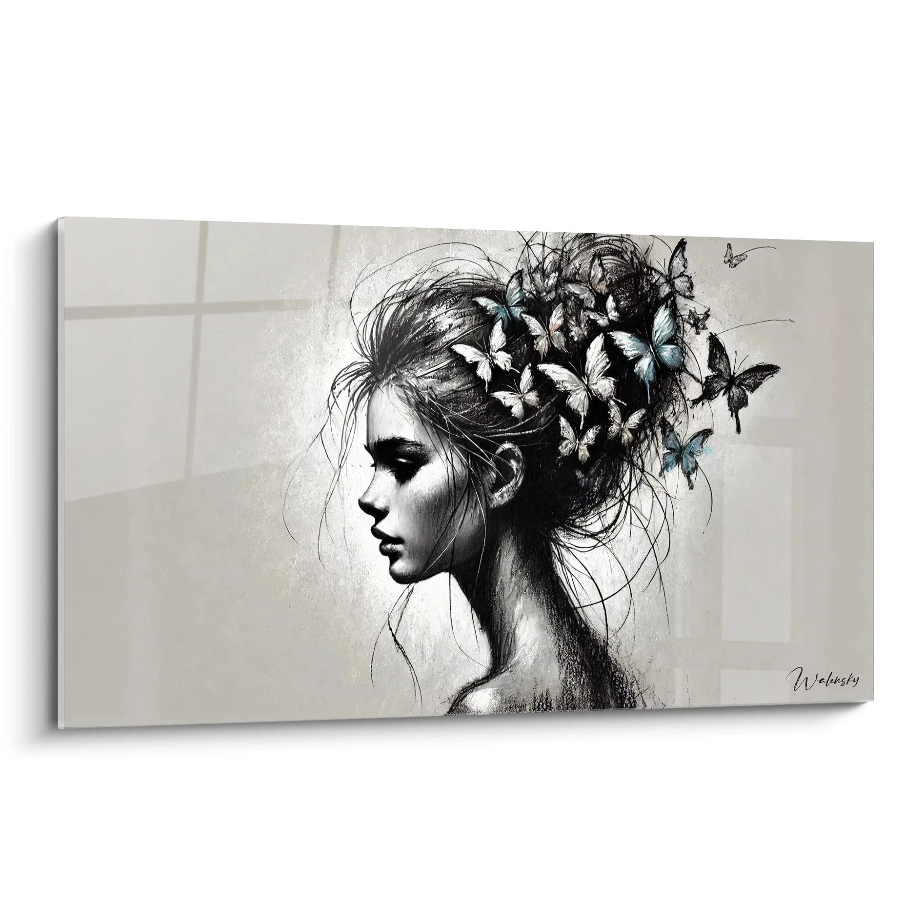 tableau papillon poétique et mélancolique, inspiré par la nature sauvage. Le style monochrome crée une atmosphère élégante, parfaite pour sublimer la décoration d'une chambre ou d'un espace méditatif.