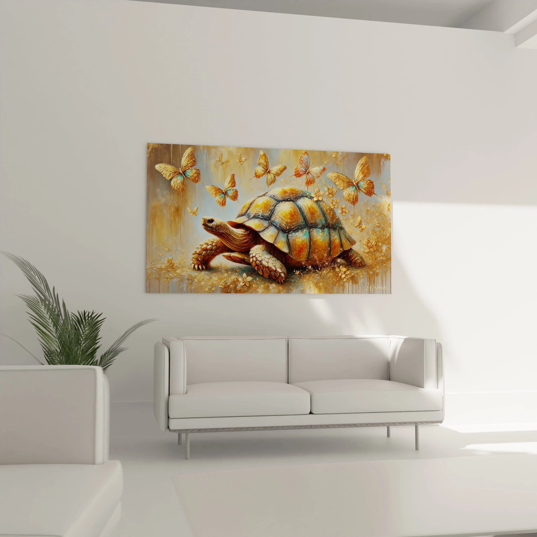 Parfaitement installé au-dessus du canapé, ce tableau tortue terrestre illumine le salon avec ses teintes dorées et bleutées. Le contraste entre la tortue et les papillons donne vie à un décor apaisant et raffiné.