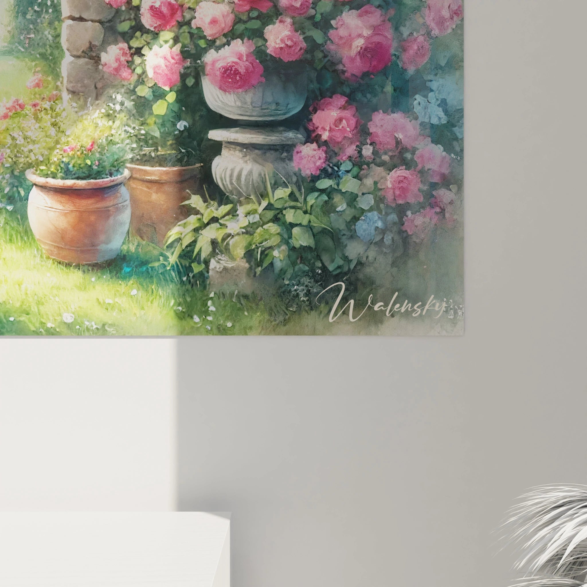 Gros plan du tableau Jardin révélant les détails réalistes des feuillages et des pétales. Une composition délicate et harmonieuse qui invite à la rêverie et à la beauté sauvage d'un jardin paisible.