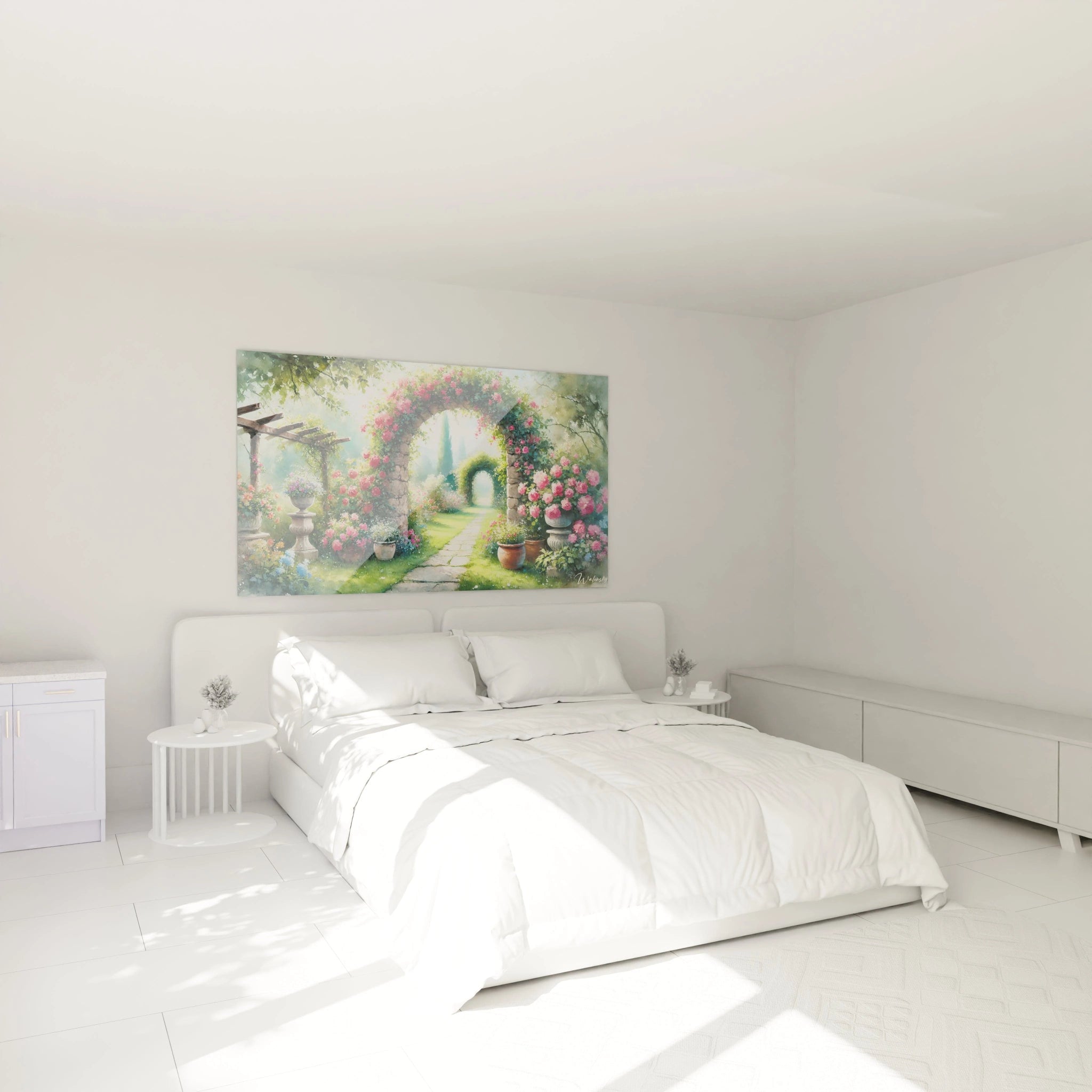 Le tableau Jardin illumine la chambre, suspendu au-dessus du lit. Ses arches de roses et ses teintes apaisantes créent une atmosphère relaxante, invitant à l'évasion dans un jardin enchanteur.