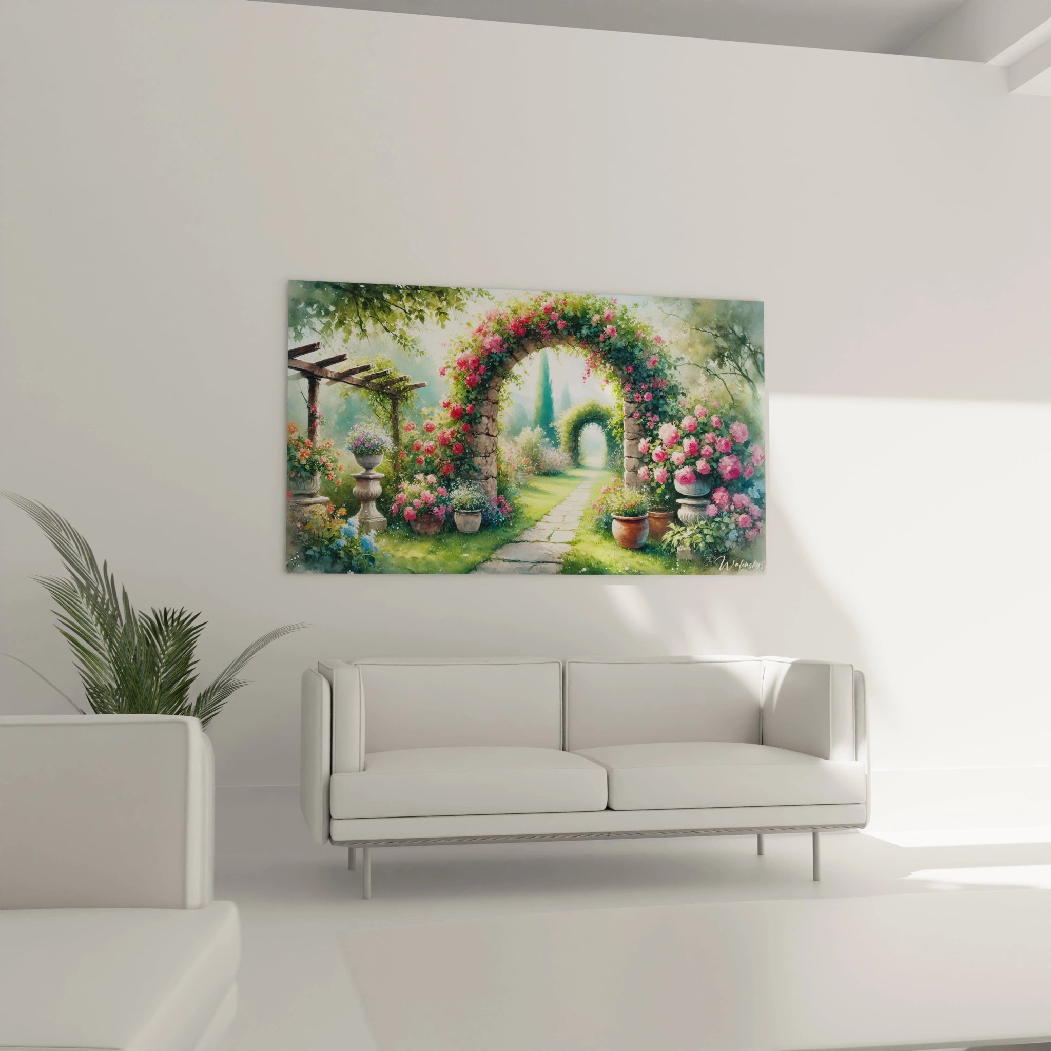 Tableau Jardin accroché au mur d'un salon. Ses nuances de vert et rose apportent une touche naturelle et poétique, transformant l'espace en un havre de tranquillité et de charme végétal.