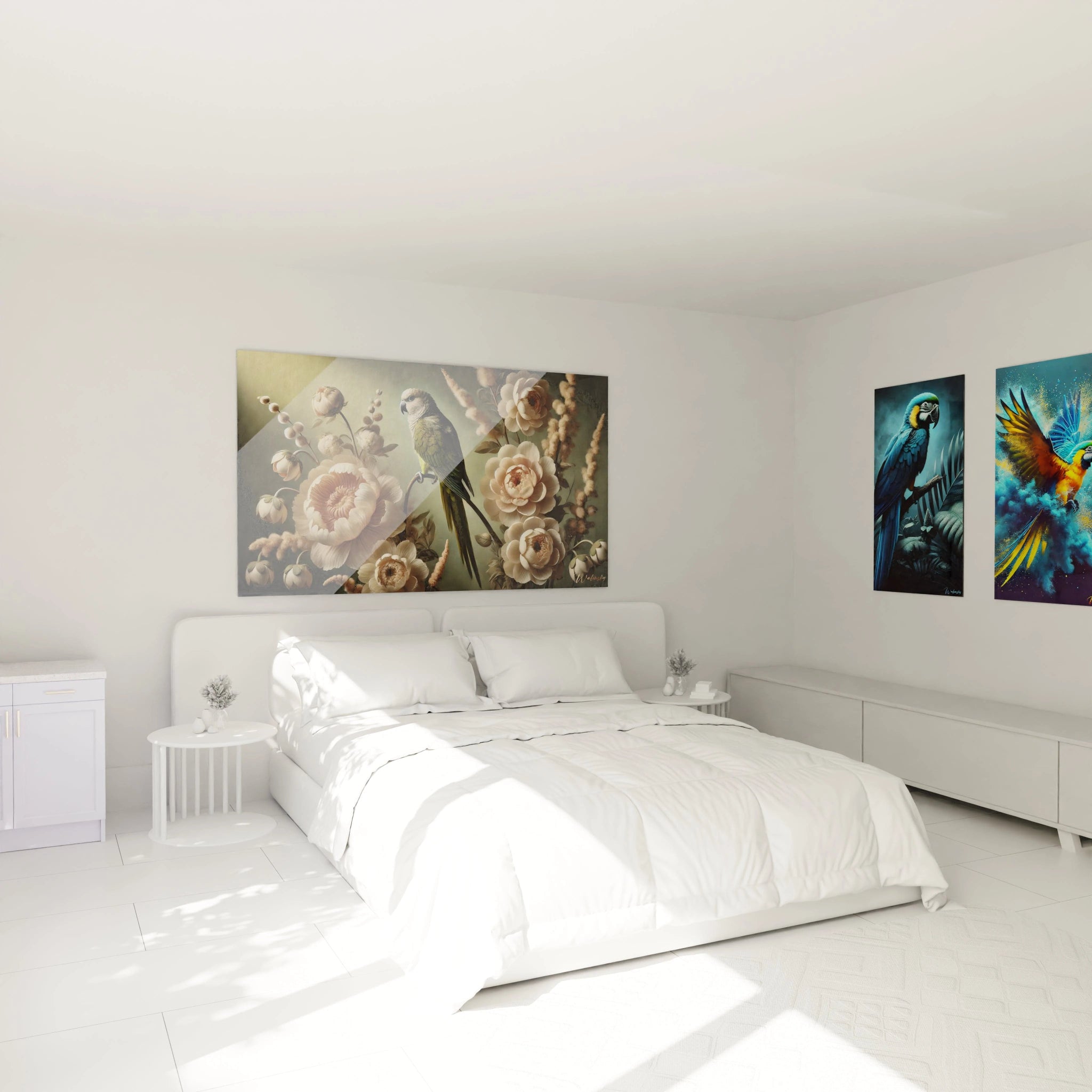 Accroche au mur de votre chambre, ce tableau perroquet aux teintes beiges et creme apporte une touche naturelle et zen, creant une ambiance reposante autour de votre lit et de votre espace nuit.