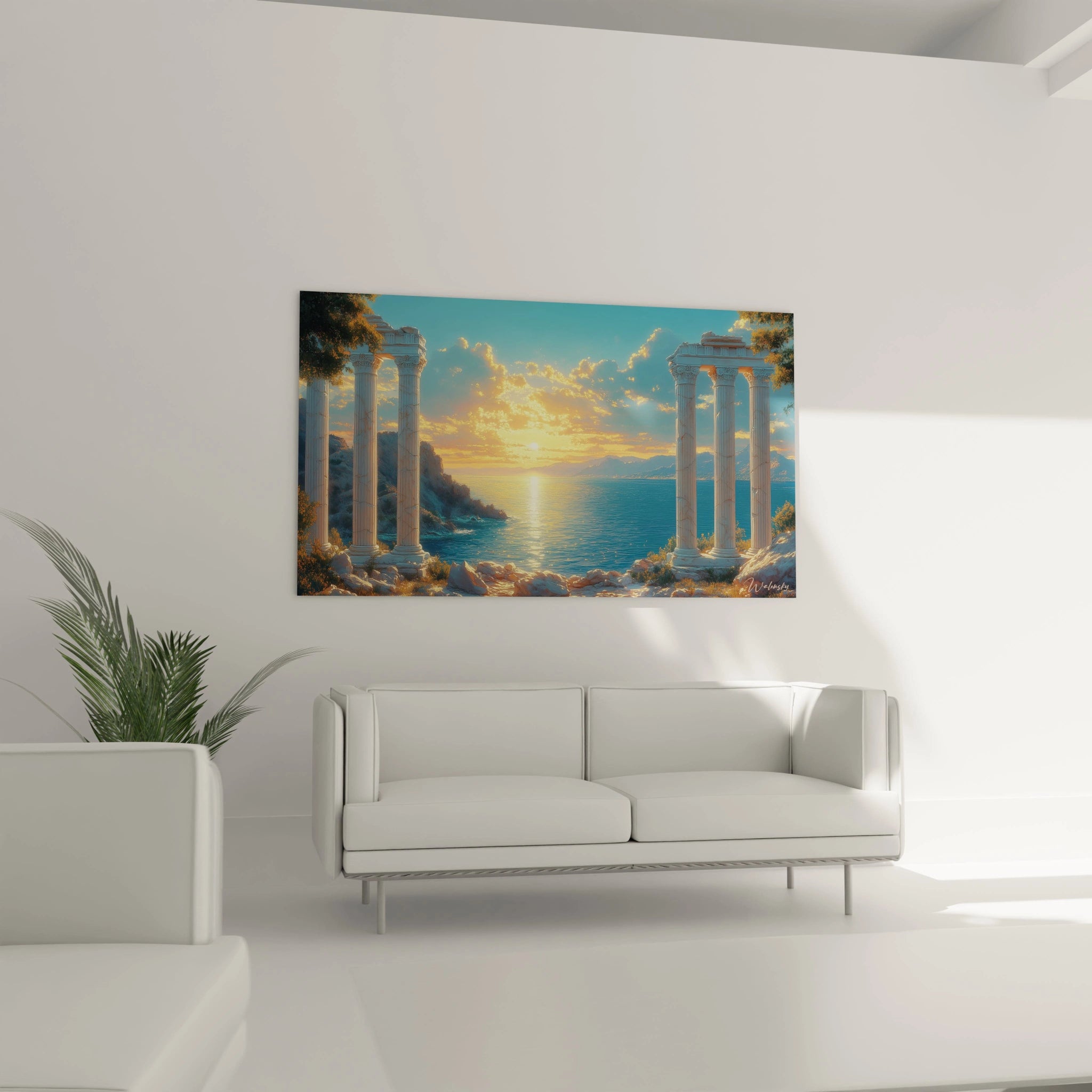 Un tableau mer méditerranéenne montrant des ruines classiques en marbre blanc formant un cadre naturel vers l'horizon où le soleil descend dans un ciel aux teintes orangées et dorées, avec des reflets lumineux sur la surface ondulante de l'eau.