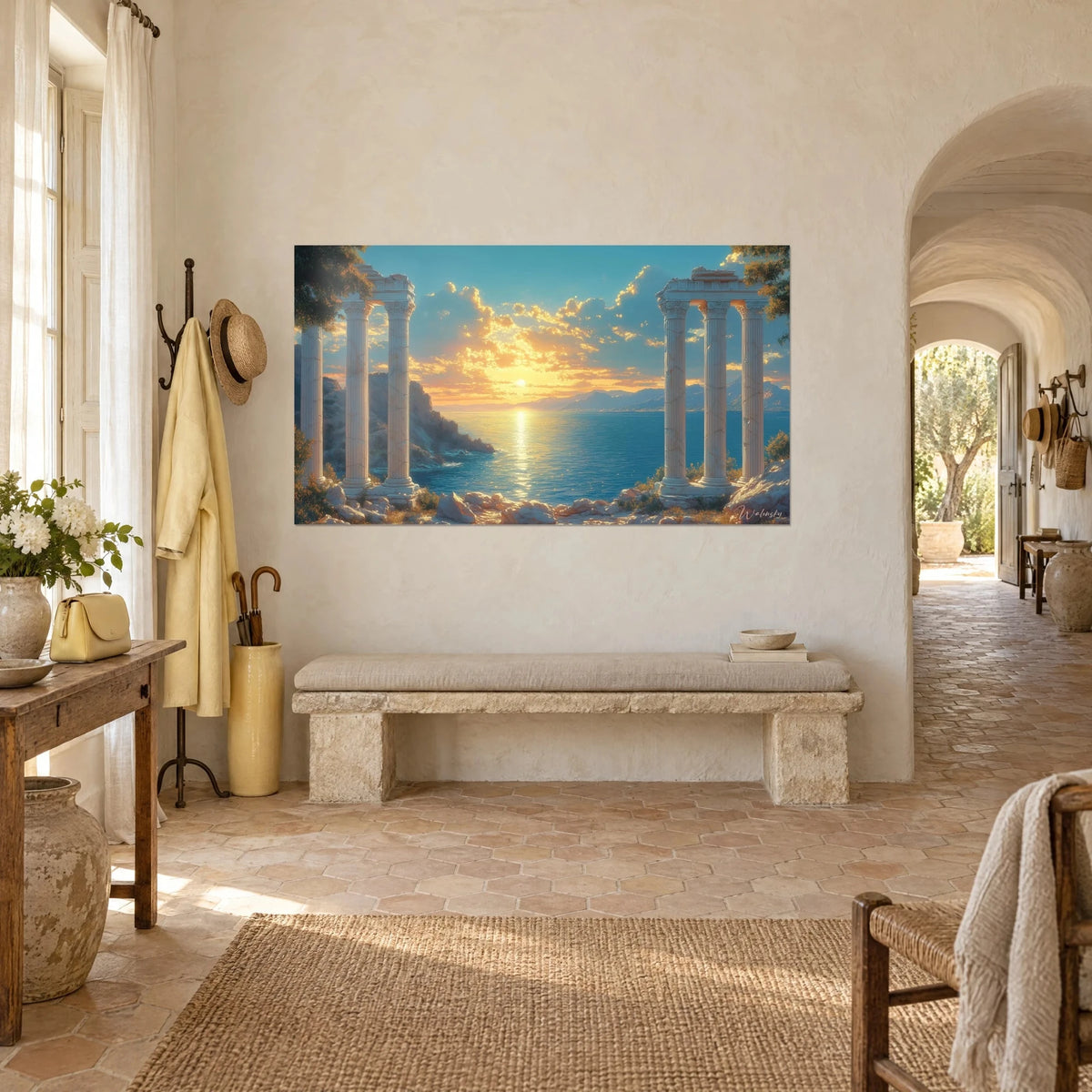 Wall art of an ancient Greek temple in ruins at sunset, blue sky with orange clouds, hung beside a stone arch