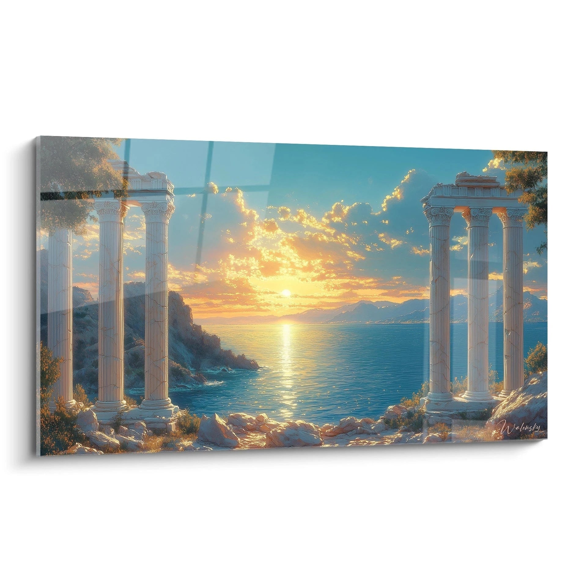 Un tableau mer antique représentant un coucher de soleil méditerranéen encadré par des colonnes grecques, avec des reflets dorés sur l'eau bleue turquoise et des détails architecturaux finement rendus sur fond de montagnes lointaines.