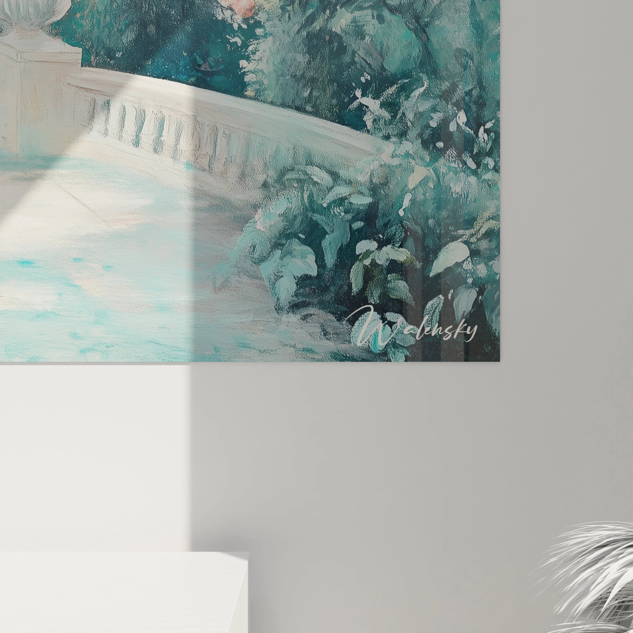 Tableau jardin à l'italienne montrant une perspective classique avec terrasse à balustrades blanches, colonnes avec urnes ornementales, roses roses grimpantes et cyprès verts majestueux, le tout baigné dans une atmosphère brumeuse aux teintes vertes et bleues.