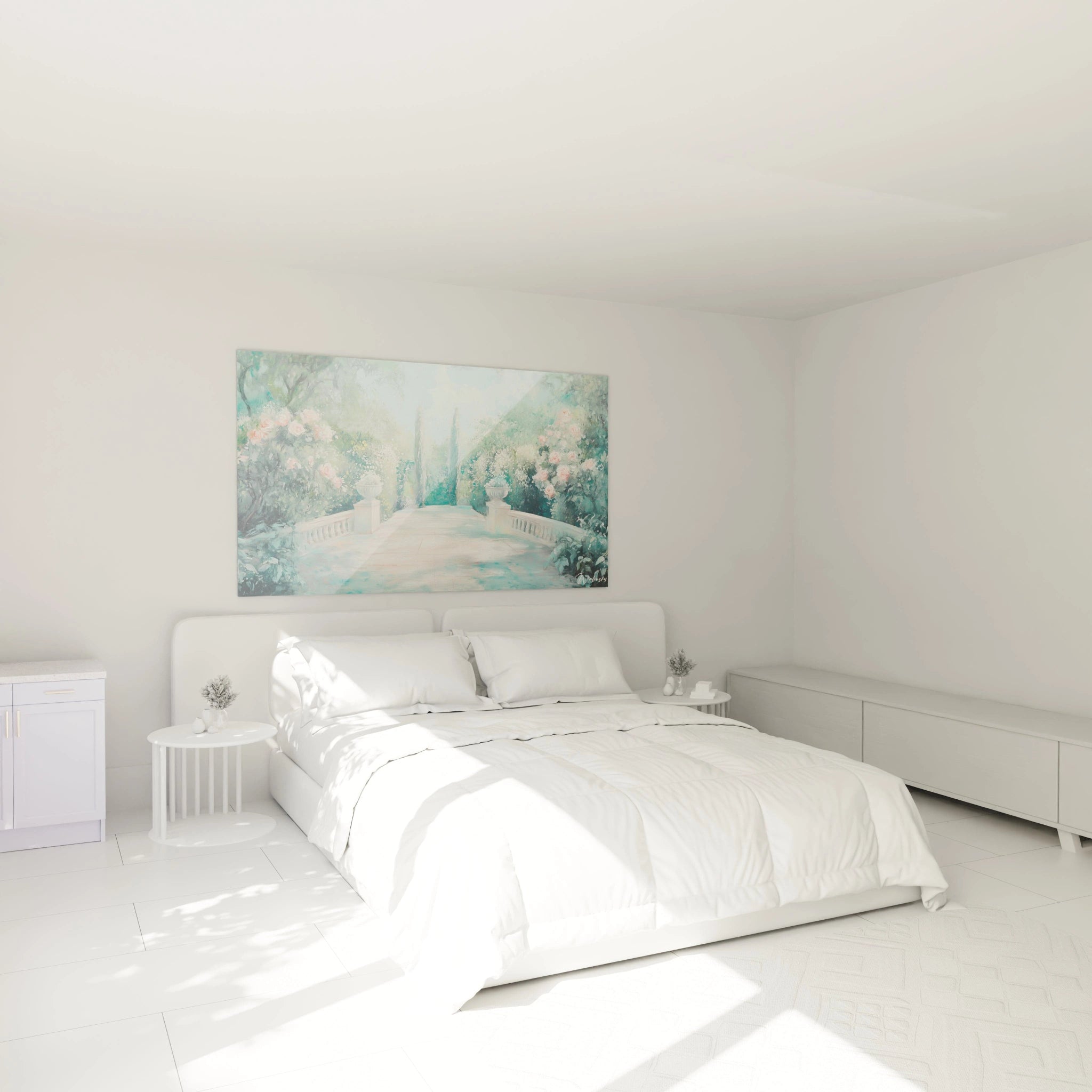 Tableau jardin méditerranéen représentant une élégante terrasse semi-circulaire avec balustrades blanches, encadrée de roses roses et de végétation verte luxuriante, deux cyprès verticaux guidant le regard vers un ciel bleu-vert lumineux.