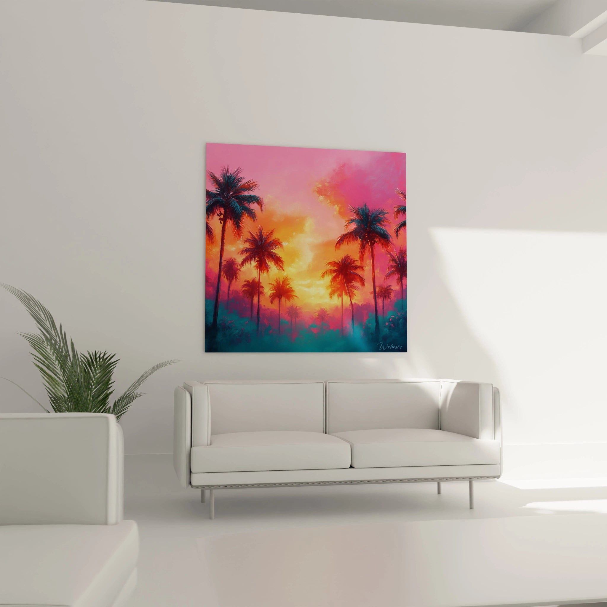 Un tableau coucher de soleil paradisiaque montrant un alignement de palmiers sombres encadrant un ciel aux couleurs flamboyantes, mêlant rose, orange et jaune avec des touches de bleu-vert à l'horizon, rendant l'atmosphère chaude et exotique par ses textures fondues.