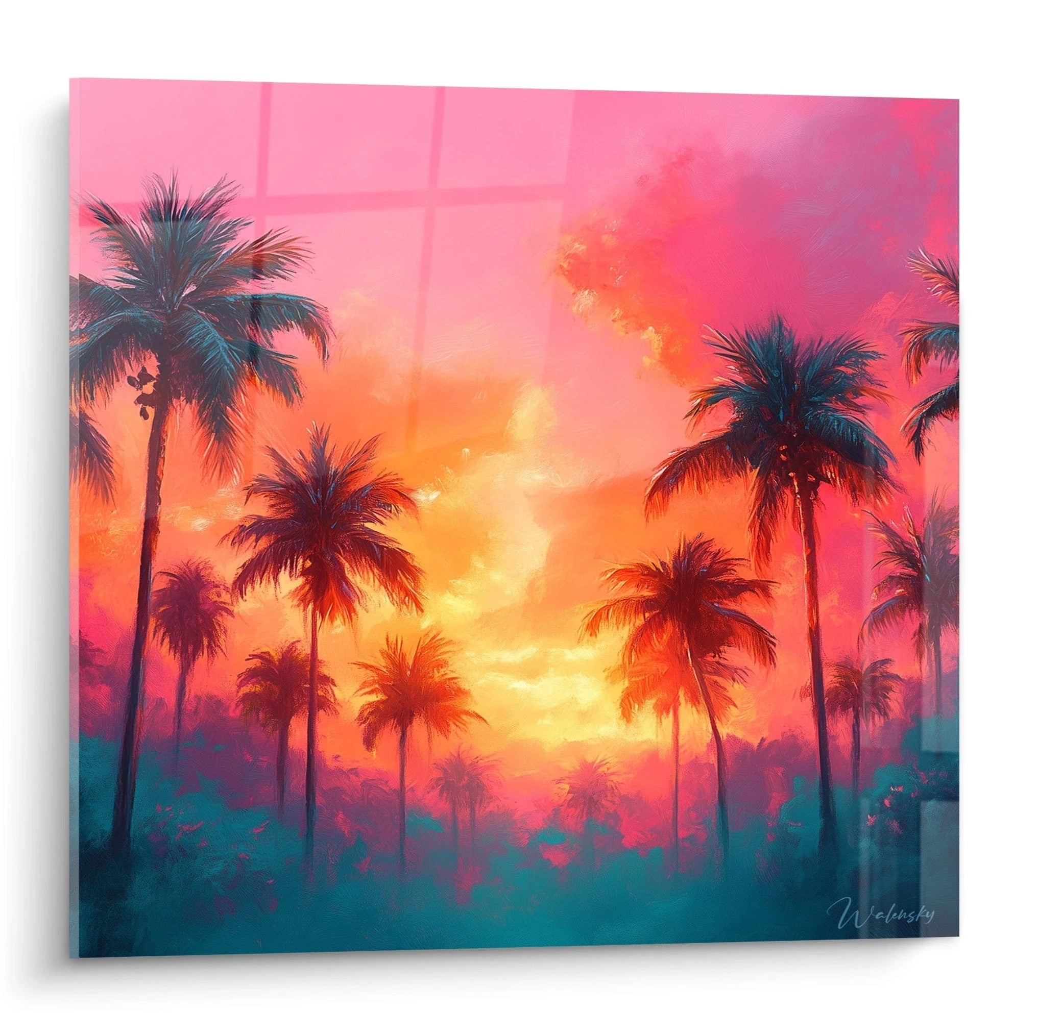 Un tableau coucher de soleil présentant des palmiers élancés silhouettés contre un ciel embrasé de rose et orange vif, avec des nuances de bleu turquoise dans la partie inférieure, créant une ambiance tropicale aux textures picturales expressives.