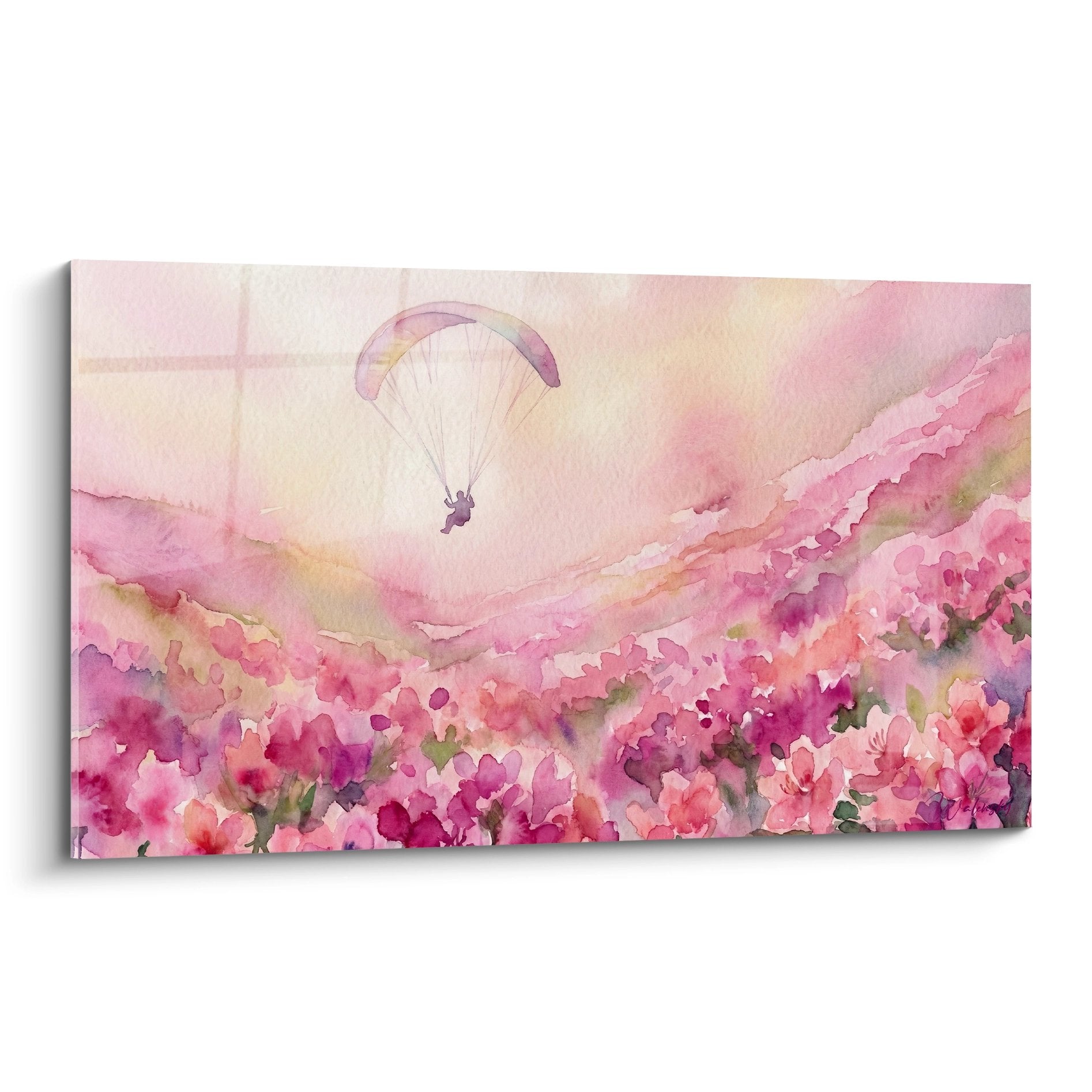 tableau aquarelle parapente rose survolant champ fleurs roses ciel vaporeux vol libre art mural