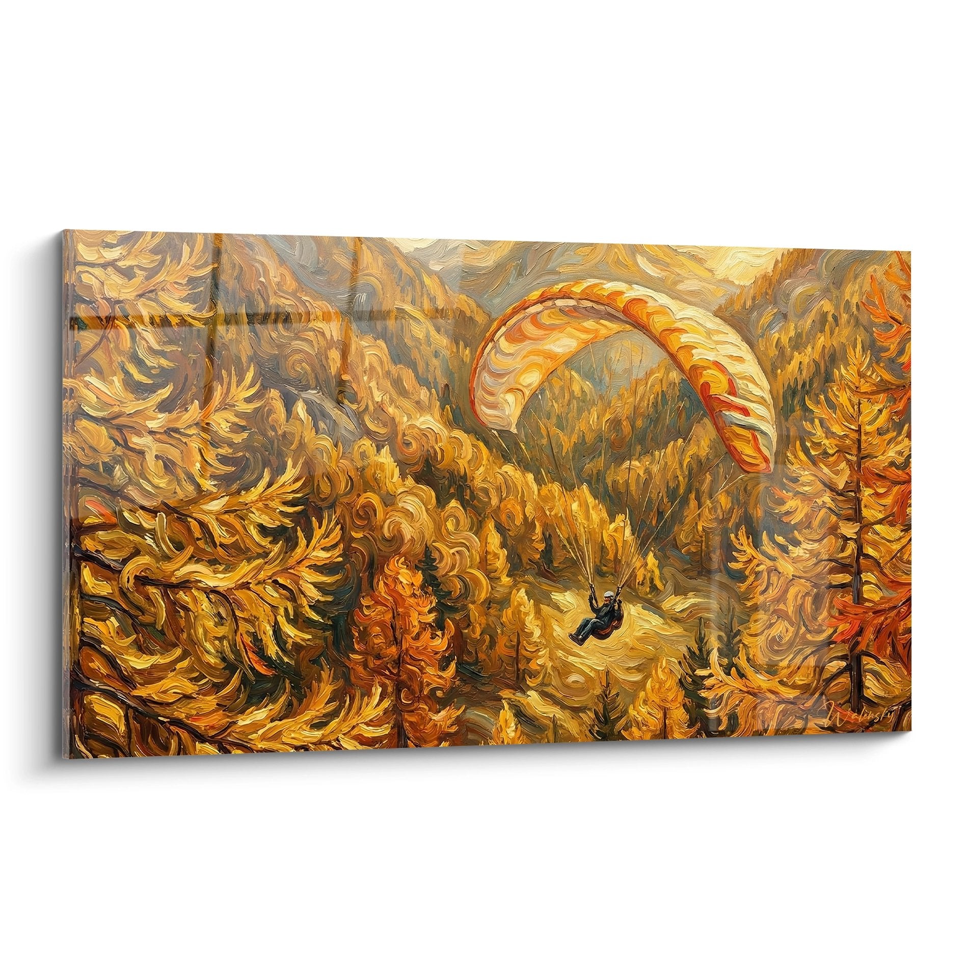 Tableau tourbillons dorés avec parapente en vol, spirales oranges et cuivrées style expressionniste moderne