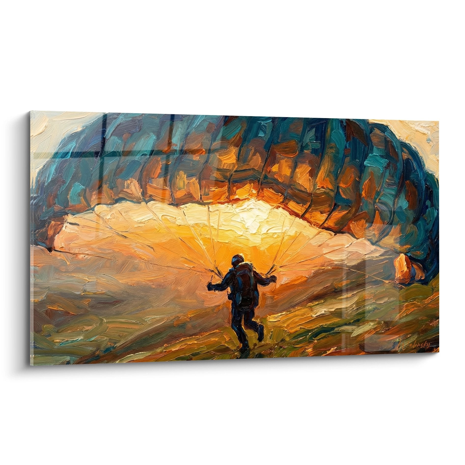 Tableau parapentiste dans grotte illuminée aux tons orangés et turquoise, peinture contemporaine aventure souterraine