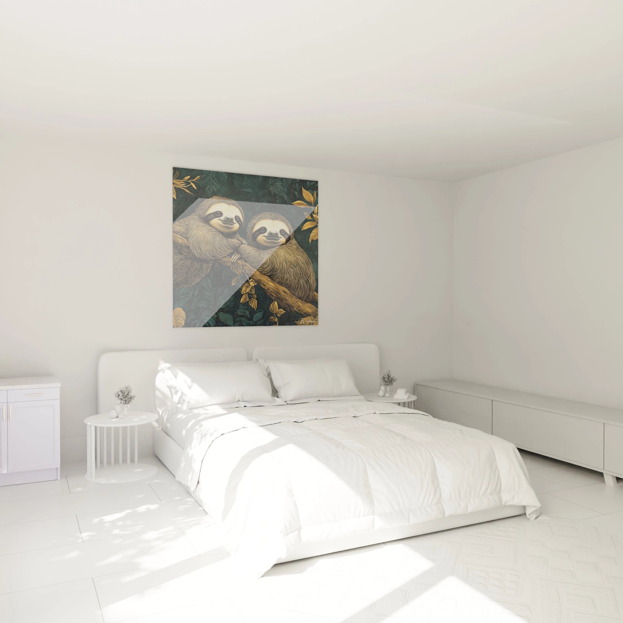 Tableau paresseux Walensky avec deux paresseux sur un arbre décorant une chambre minimaliste blanche