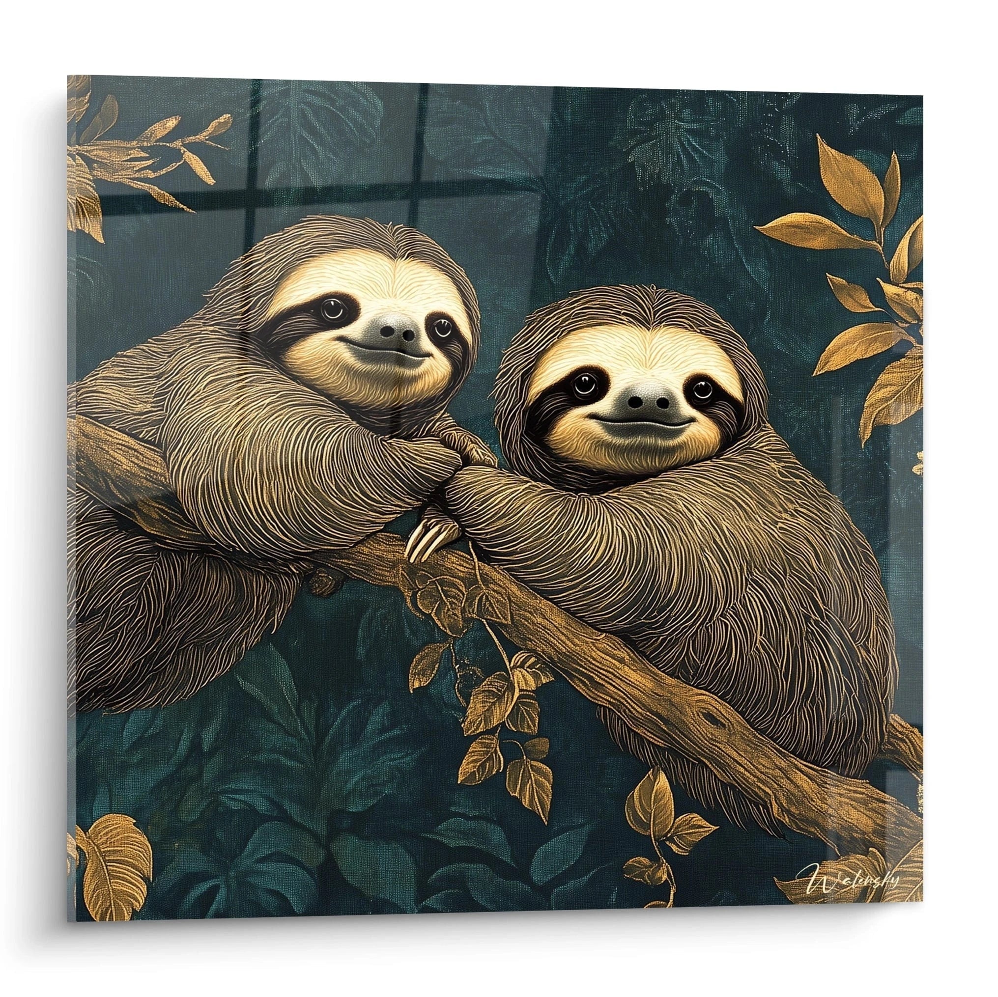 Tableau Walensky représentant deux paresseux souriants sur une branche avec feuillages décoratifs