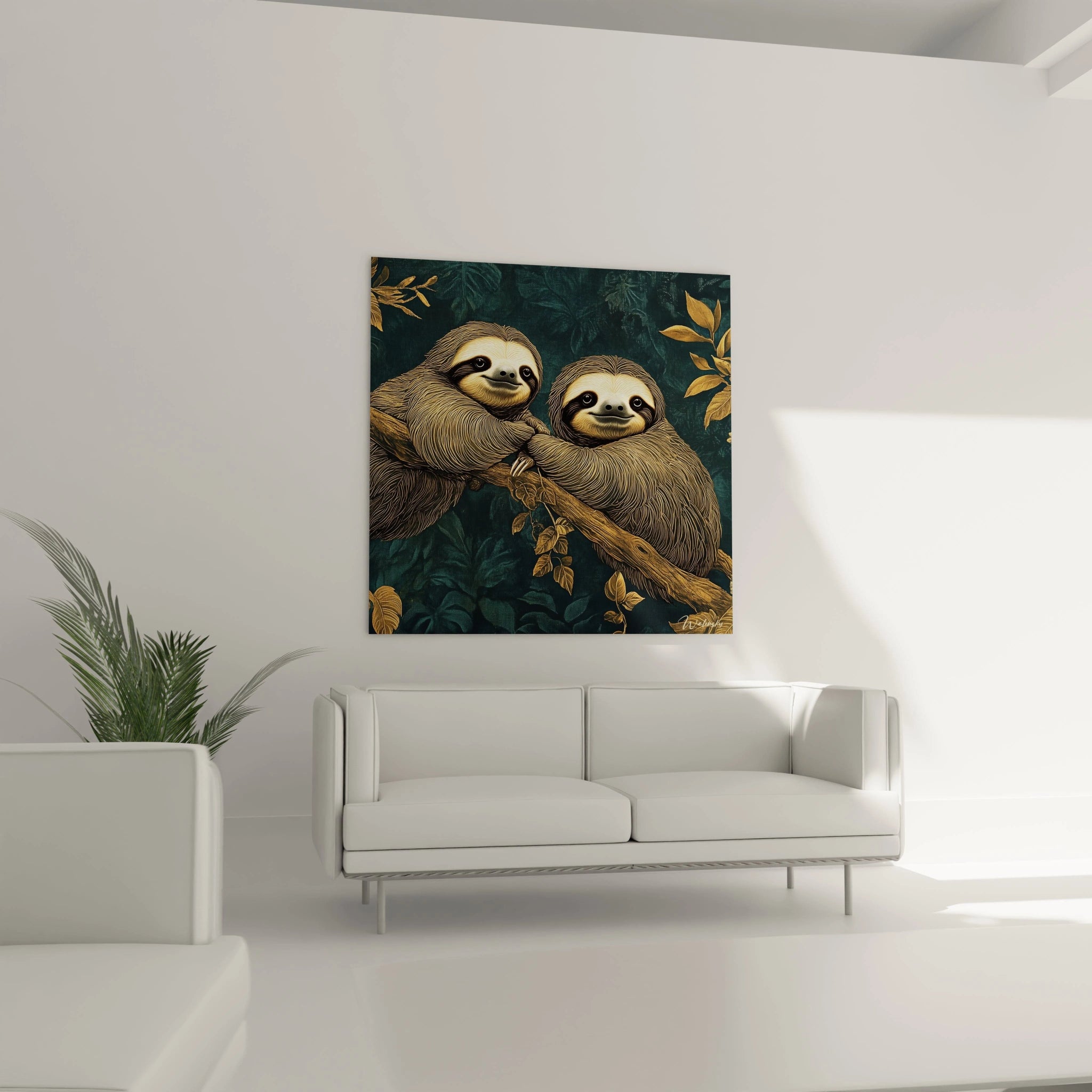 Tableau paresseux Walensky avec deux paresseux souriants sur une branche dans un salon moderne blanc