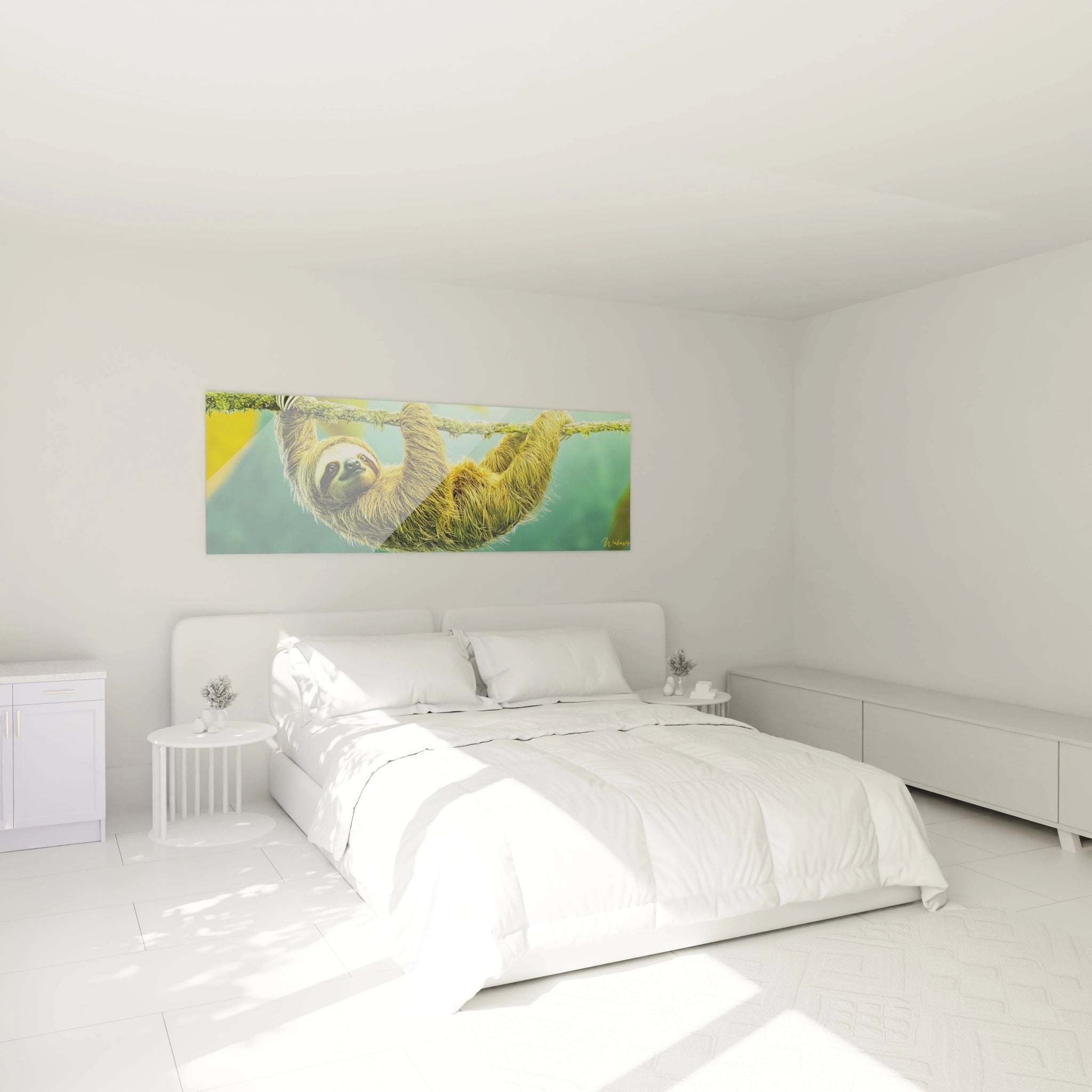 Tableau paresseux Walensky accroché au-dessus d'un lit double dans une chambre lumineuse blanche