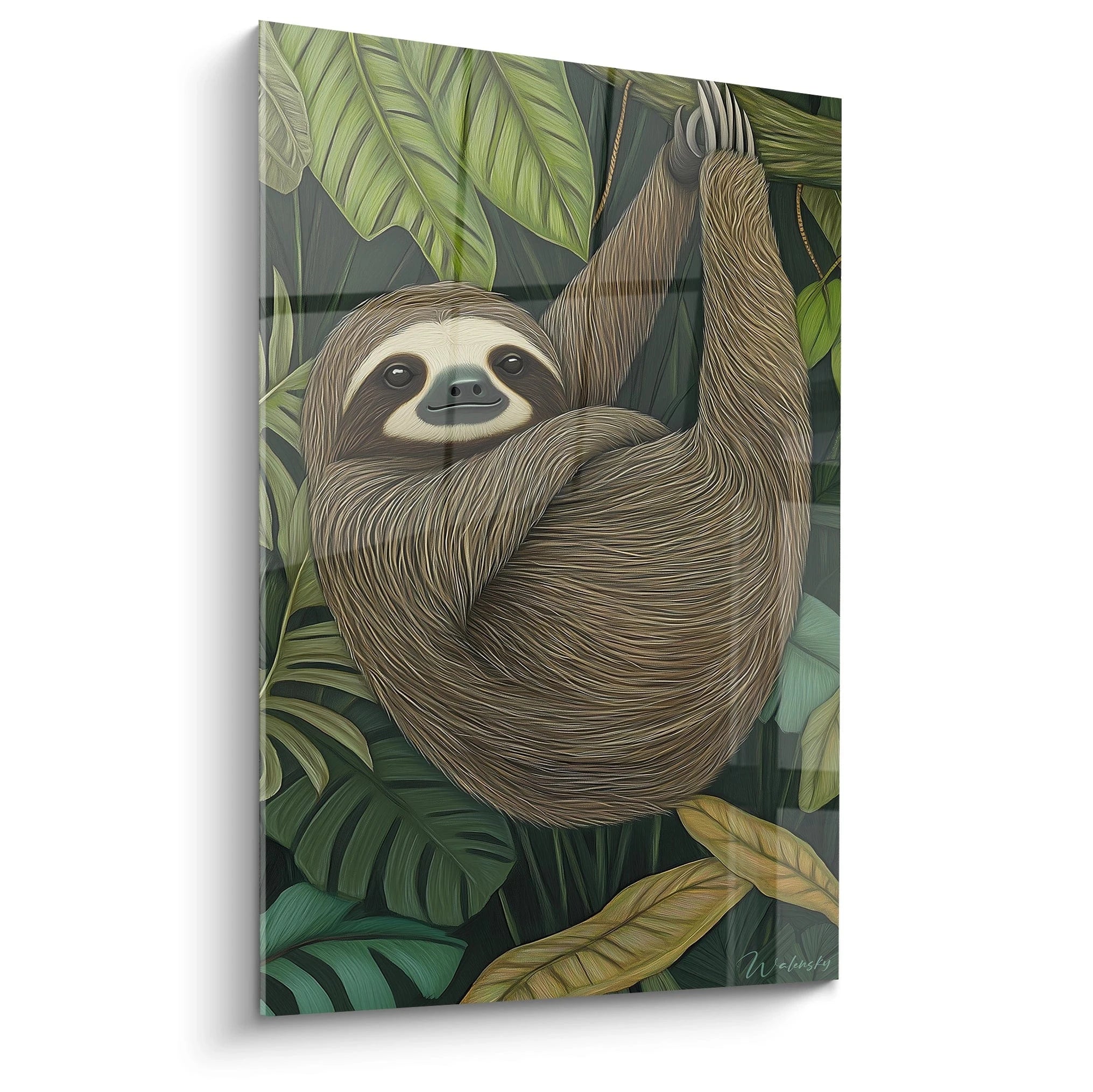 Tableau paresseux Walensky illustrant un paresseux suspendu parmi des feuilles tropicales vertes