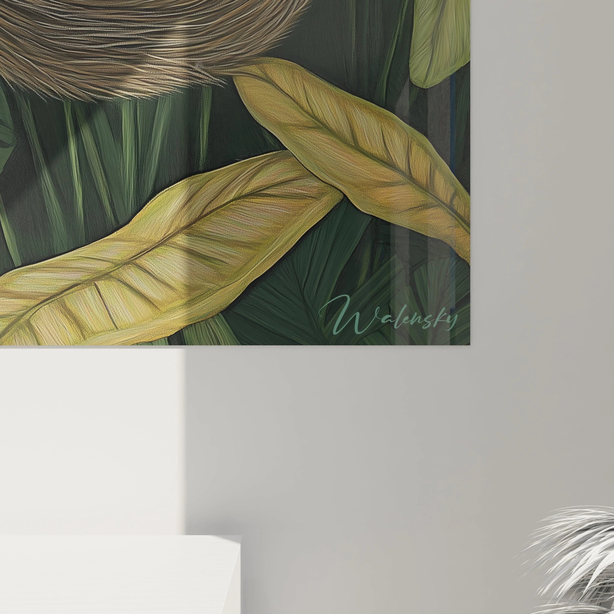 Tableau paresseux Walensky avec feuillage vert et jaune, décoration murale nature apaisante