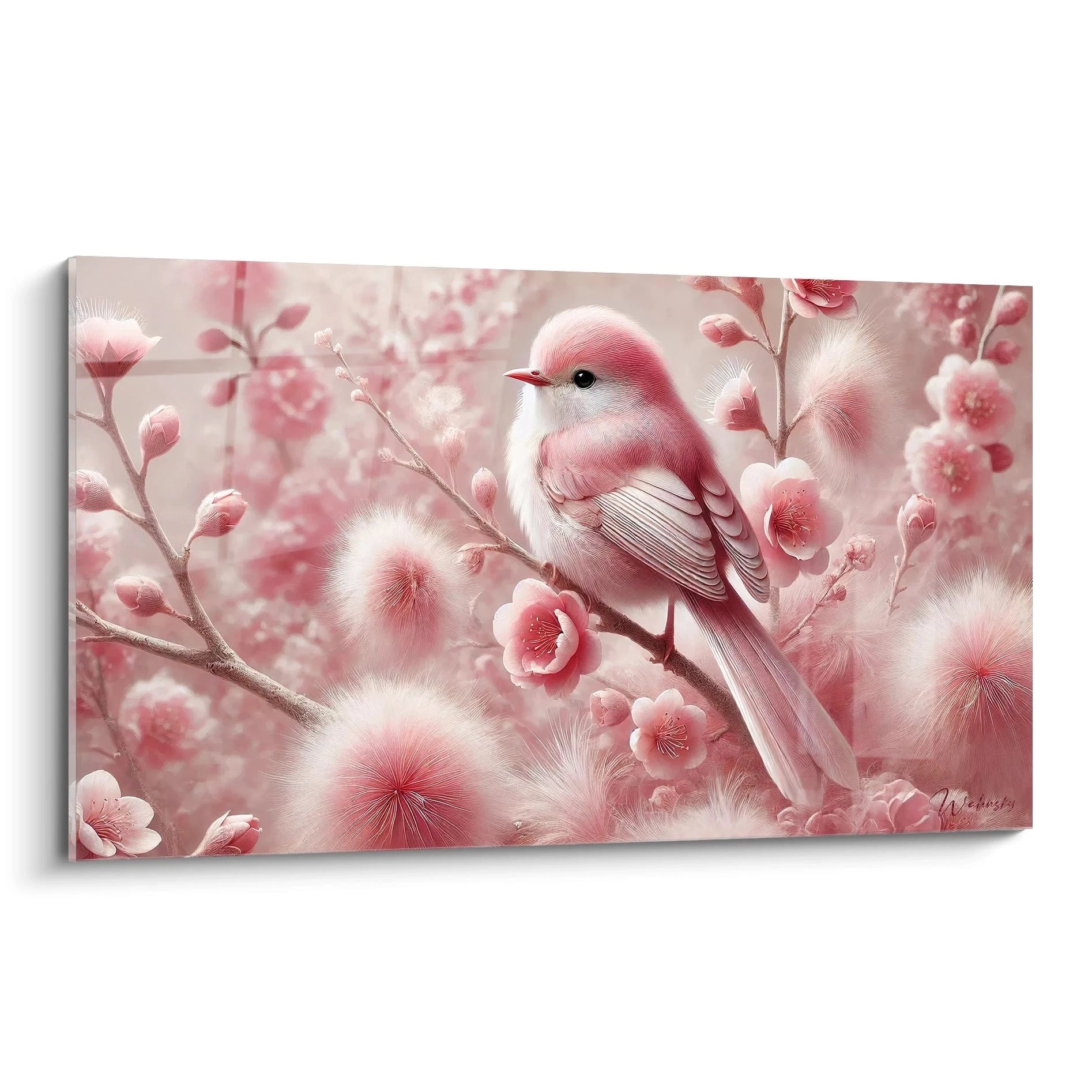 Ce tableau oiseaux vue de biais révèle la finesse des détails : l'oiseau aux plumes duveteuses, les fleurs épanouies, et les nuances de rose créant une atmosphère paisible et poétique.