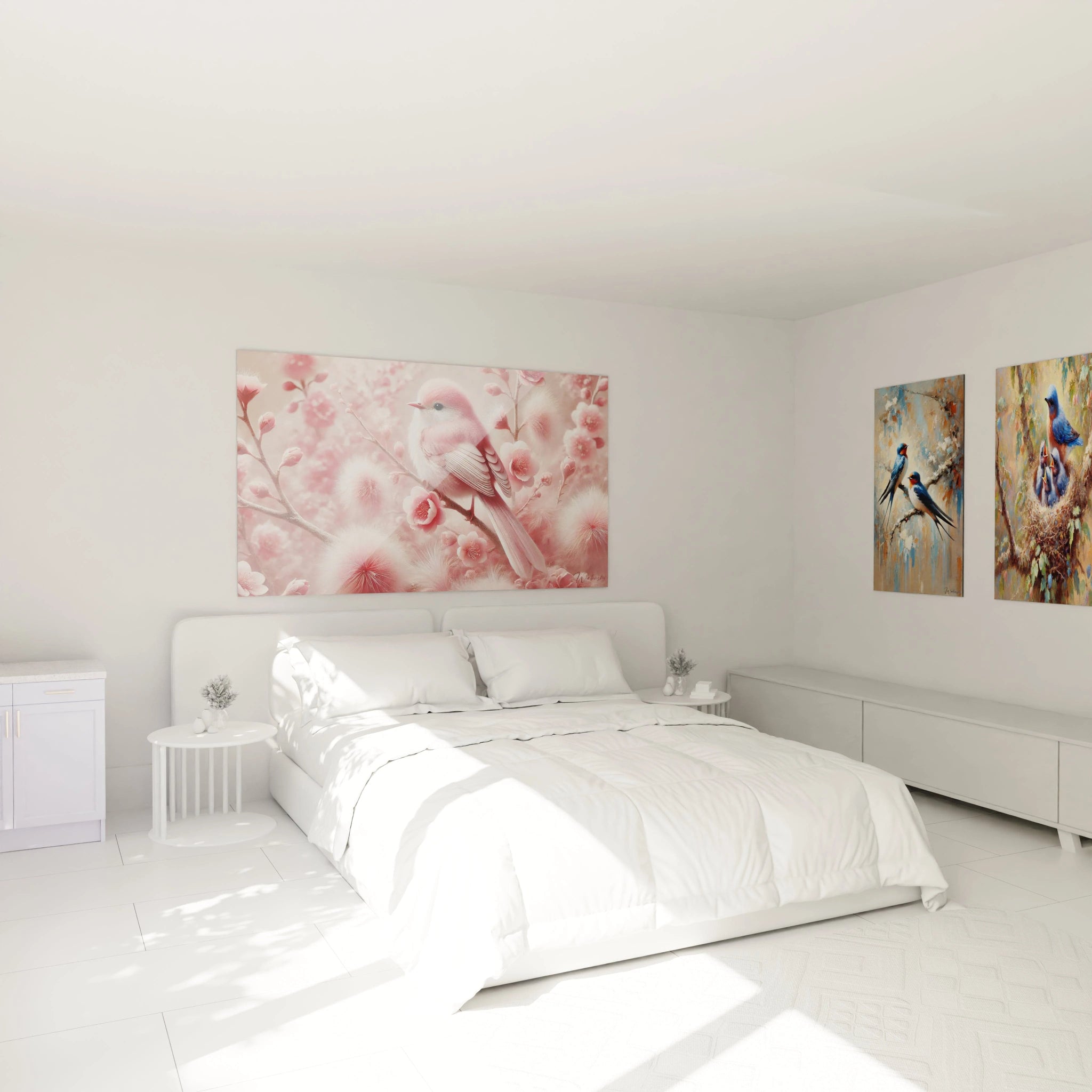 Accroché au-dessus du lit, ce tableau oiseaux transforme la chambre avec son ambiance onirique. Ses nuances de rose et ses fleurs délicates ajoutent une touche de douceur naturelle et romantique.