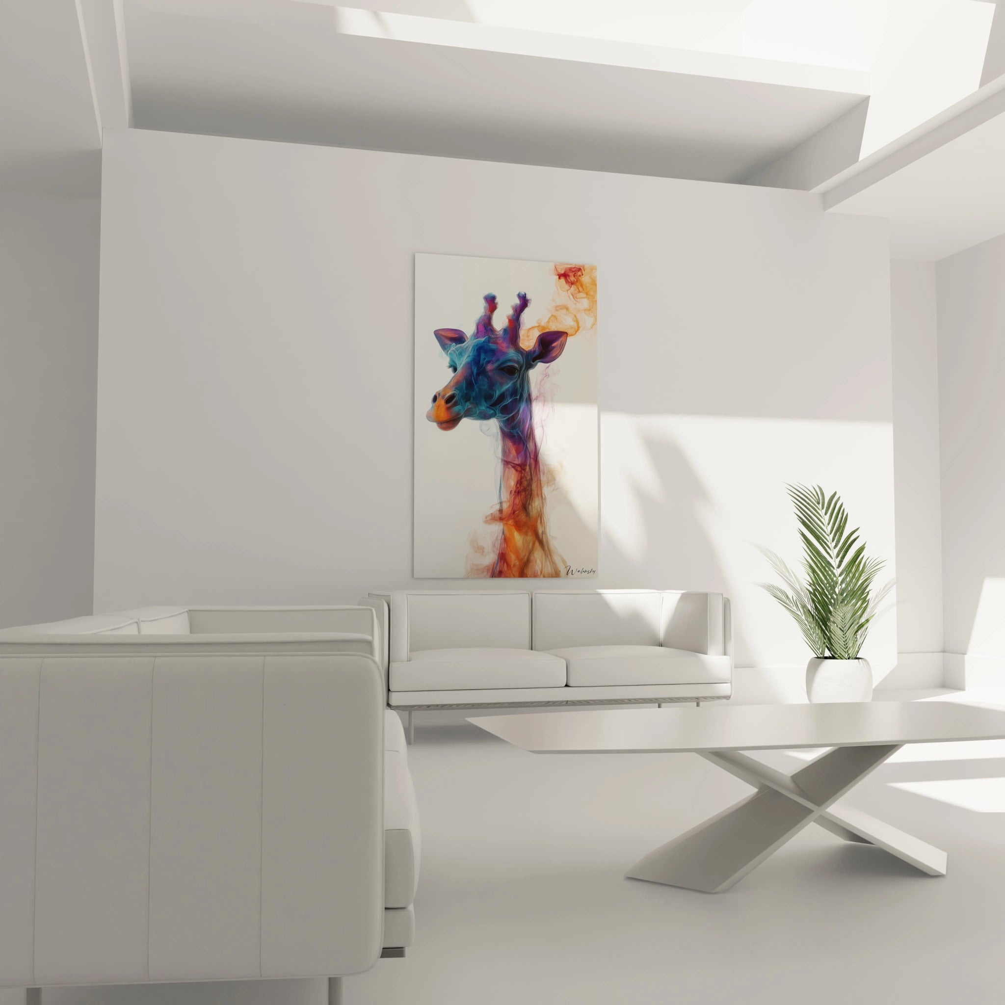 Un tableau girafe vaporeuse figurant la tête majestueuse de l'animal émergeant de brumes colorées. Des transitions fluides entre les teintes bleutées, violacées et orangées suggèrent un être en métamorphose, avec des textures semblables à de l'encre diffusée dans l'eau.