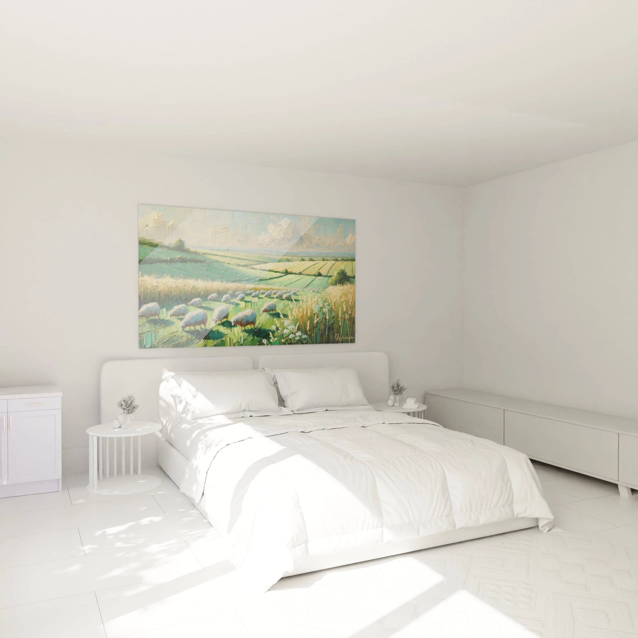 Ambiance calme dans une chambre avec ce tableau Campagne au-dessus du lit une touche d harmonie et de verdure qui invite a l evasion et offre un regard apaisant sur des champs luxuriants